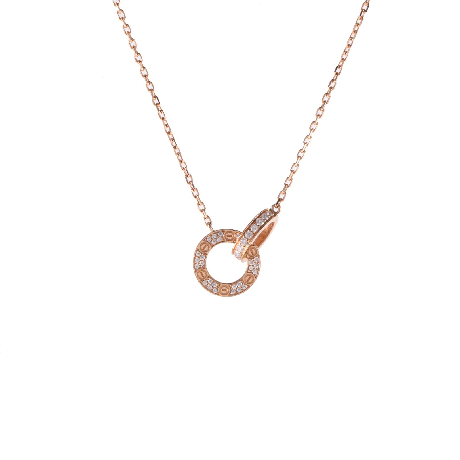 CARTIER LOVE Double Loop Full Diamond Necklace Disc Ring Combination 18K Rose Gold,Diamond-Hana Vintage
