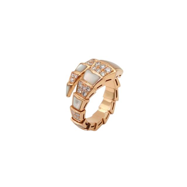 BVLGARI Rose Gold Serpenti Mother of Pearl Diamond Inset Wide Band Snake Ring L 18K 18K Rose Gold,Diamond,Mother of Pearl-Hana Vintage