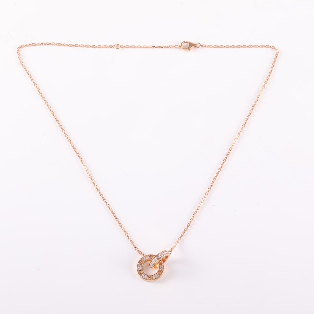 CARTIER LOVE Double Loop Full Diamond Necklace Disc Ring Combination 18K Rose Gold,Diamond-Hana Vintage