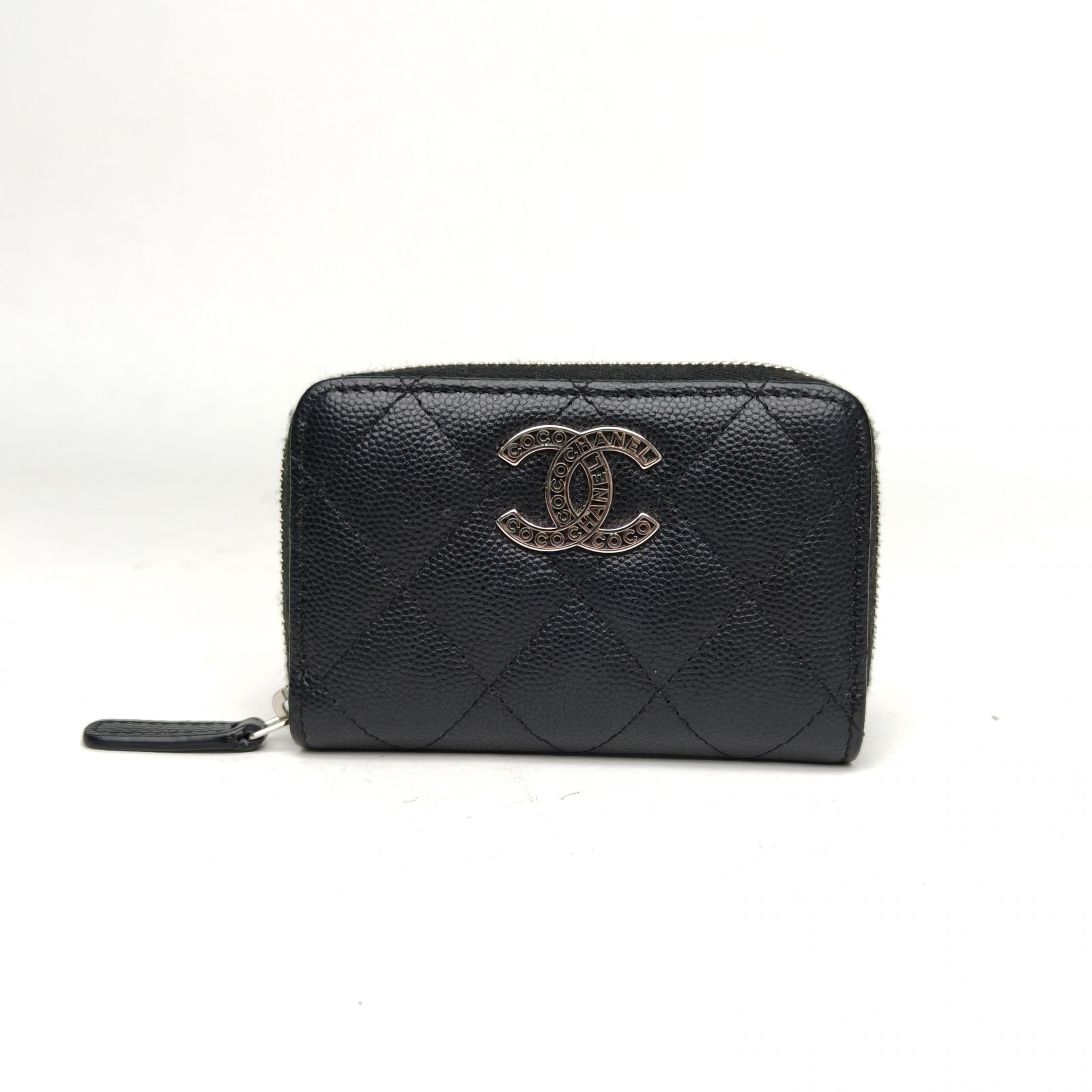 *CHANEL Black Laser Label Sliver Hardware 24P Zipper Card Holder-Hana Vintage