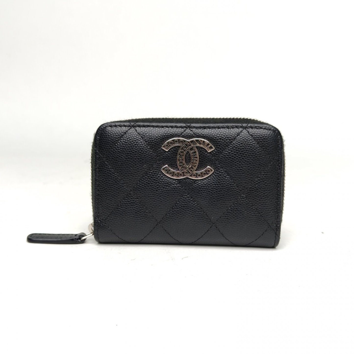 *CHANEL Black Laser Label Sliver Hardware 24P Zipper Card Holder-Hana Vintage