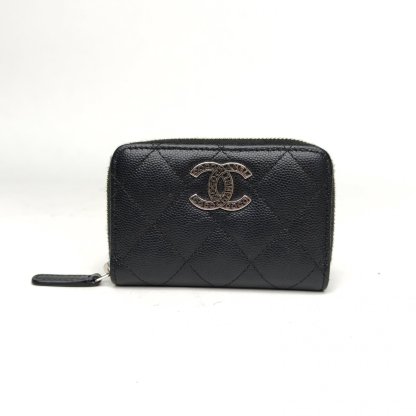 *CHANEL Black Laser Label Sliver Hardware 24P Zipper Card Holder-Hana Vintage