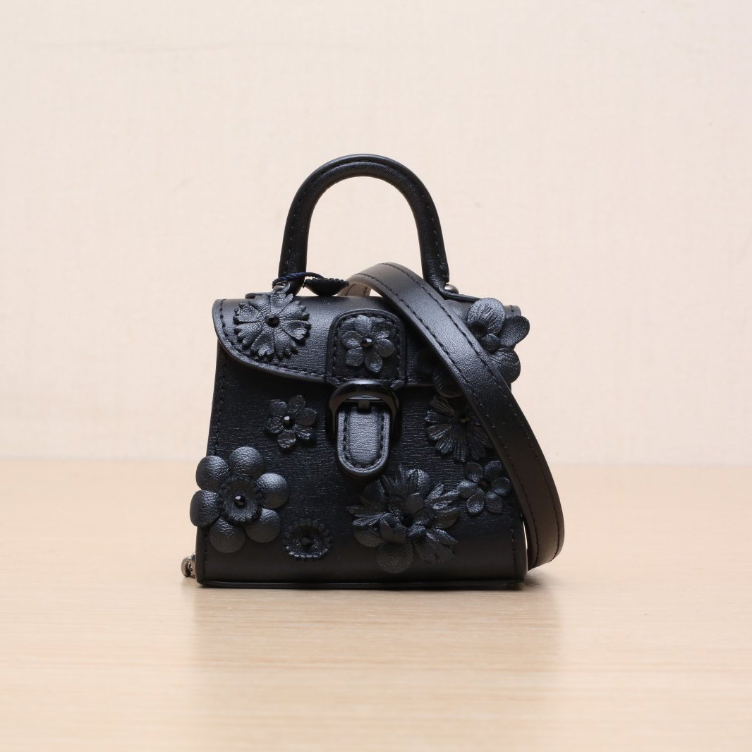 DELVAUX Black Leather C Brillant Ultra Mini Embroidered Flower Studded Charm Crossbody Bag