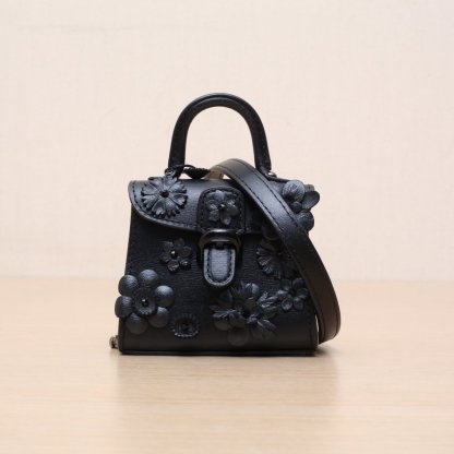 DELVAUX Black Leather C Brillant Ultra Mini Embroidered Flower Studded Charm Crossbody Bag