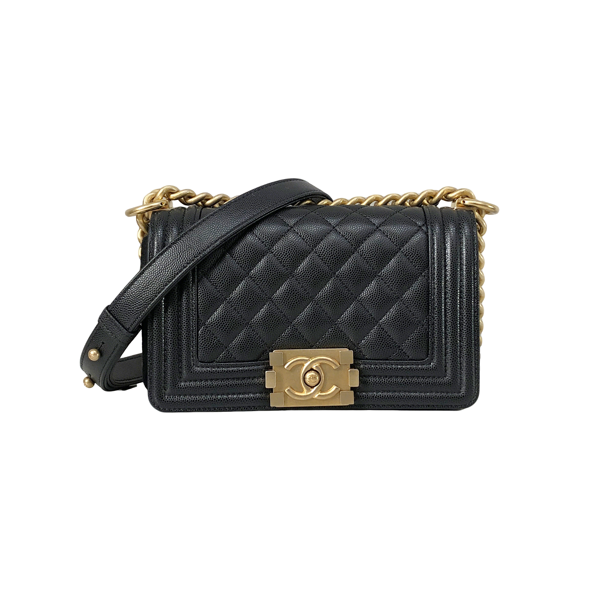 CHANEL Le Boy Small Black Caviar Leather with Gold Chain