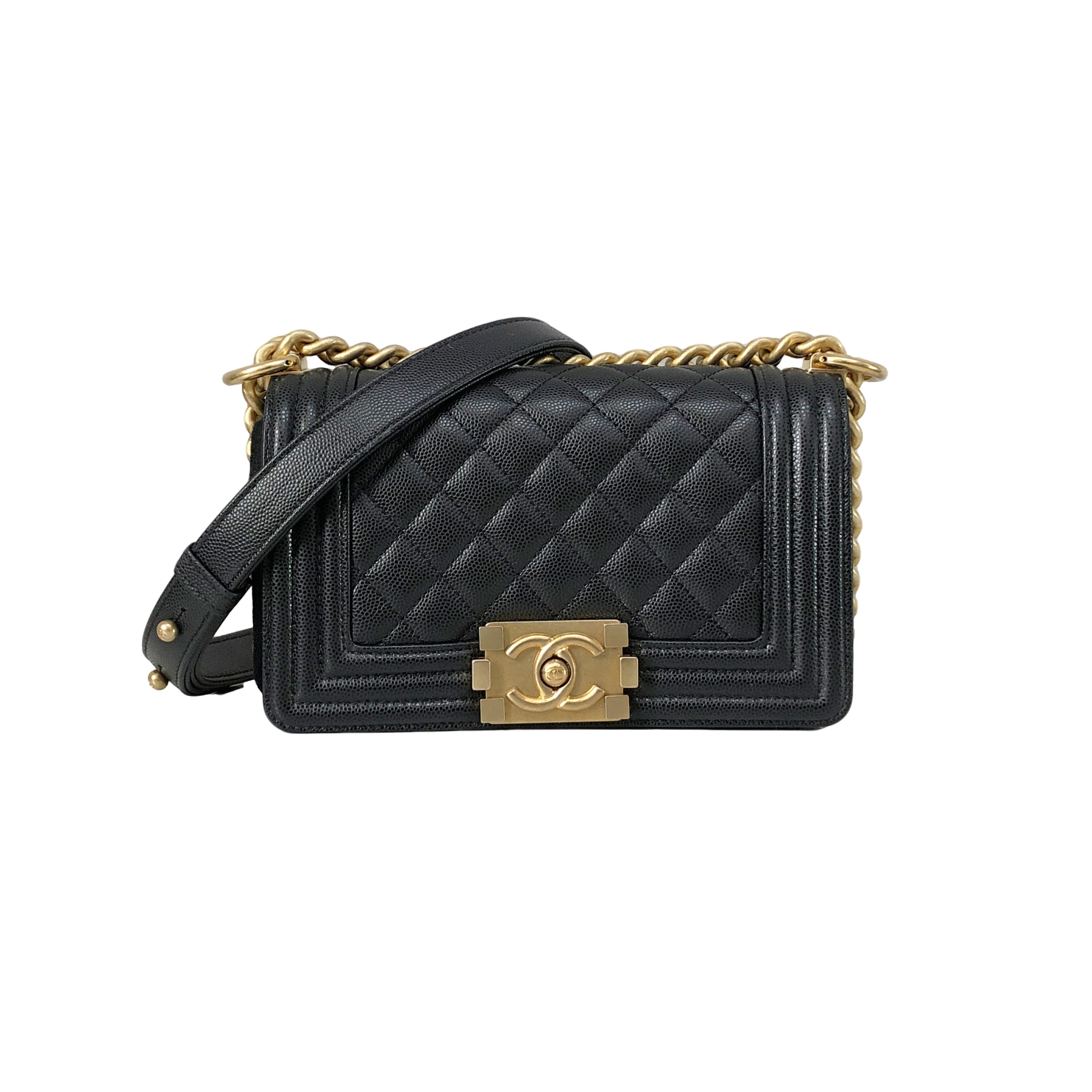 CHANEL Le Boy Small Black Caviar Leather with Gold Chain