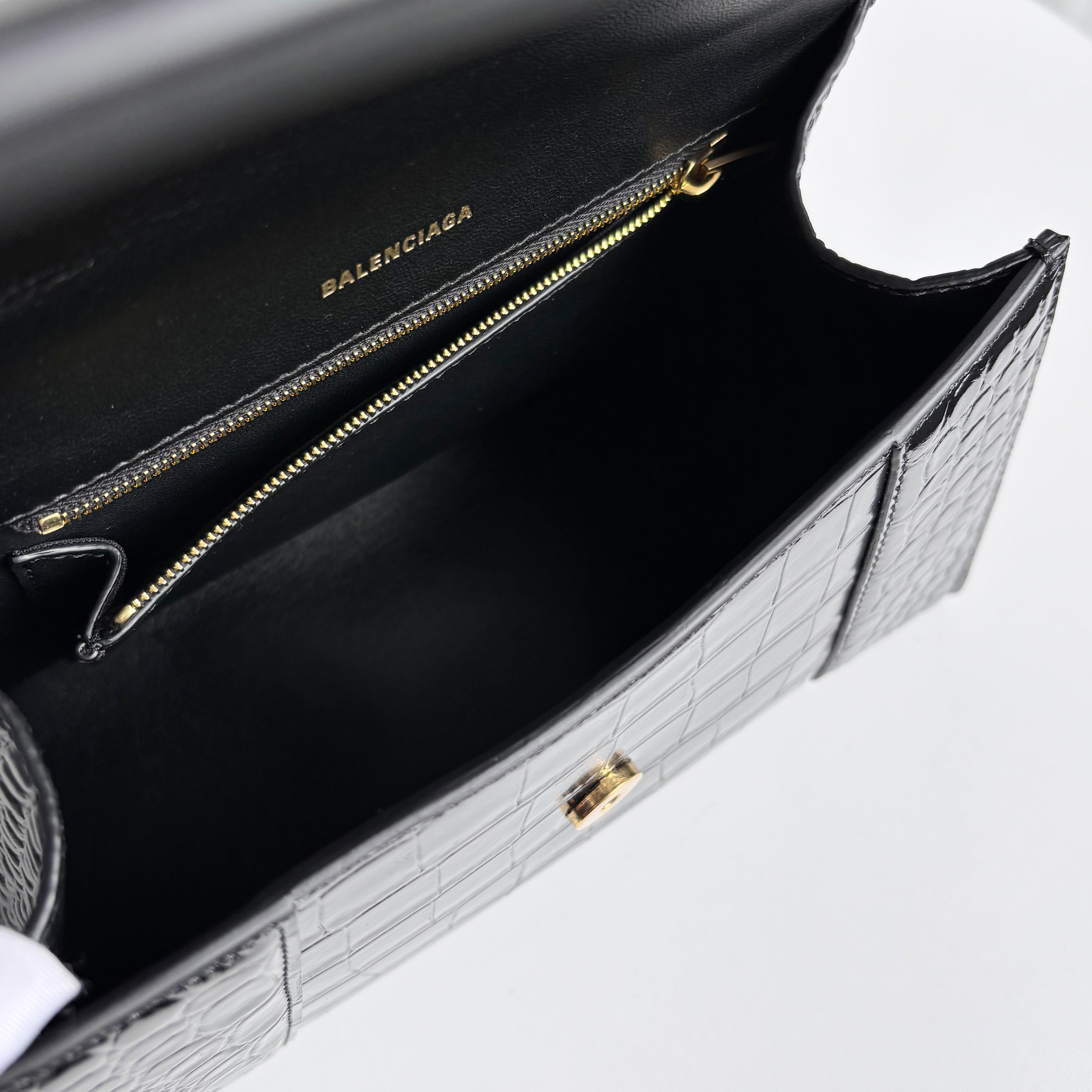 BALENCIAGA Black Croc-Embossed Hourglass S Top Handle Bag with Gold Hardware