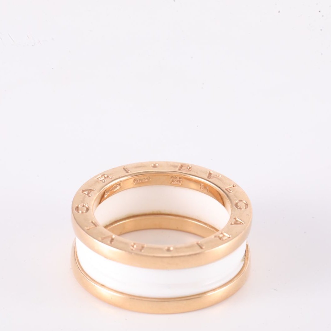 BVLGARI Rose Gold B.ZERO1 Coil Ring Three Circle 18K 18K Rose Gold,White Ceramic-Hana Vintage