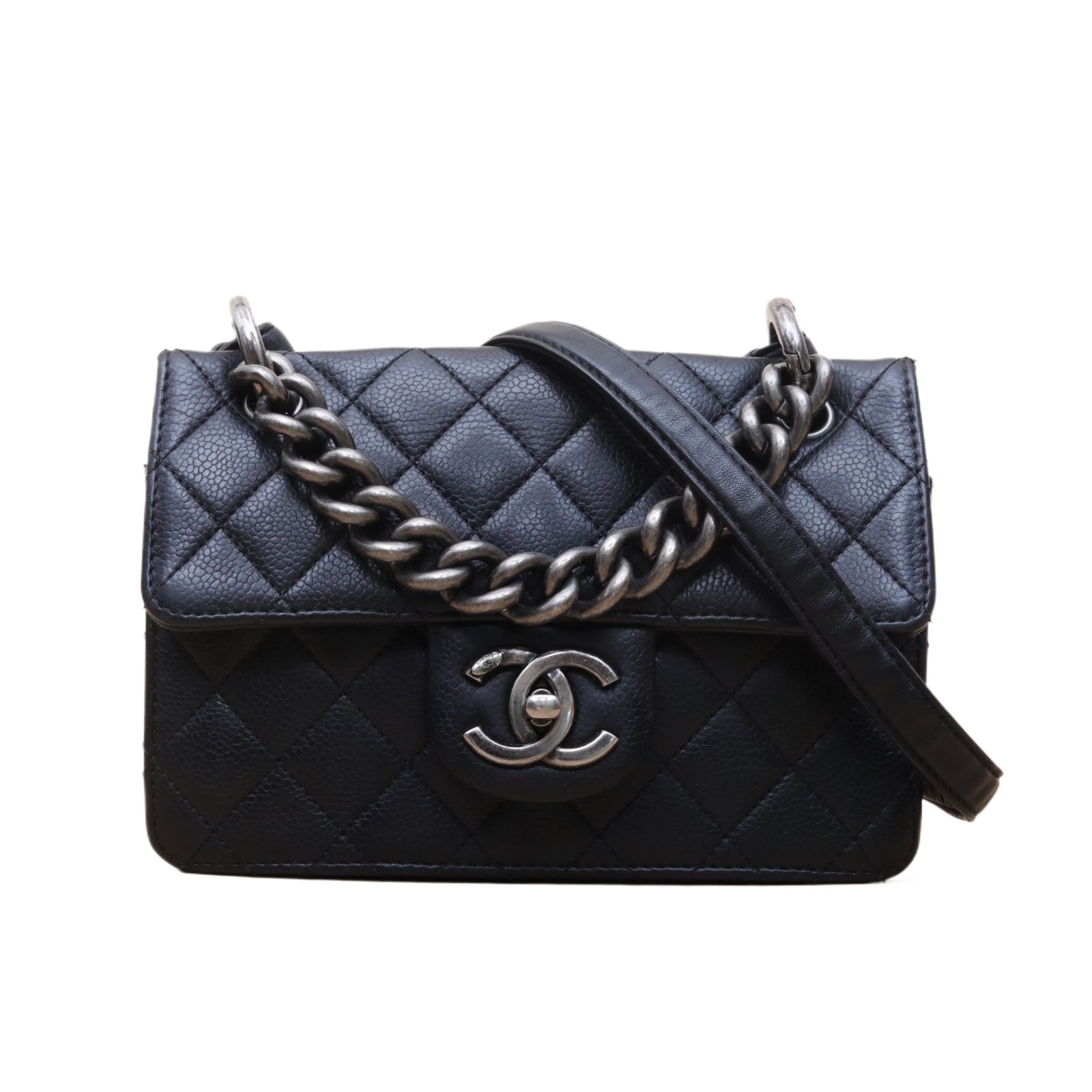 *CHANEL Black 2014 Sliver Hardware CF Seasonal Style Thick Chain Handle Large Mini-Hana Vintage