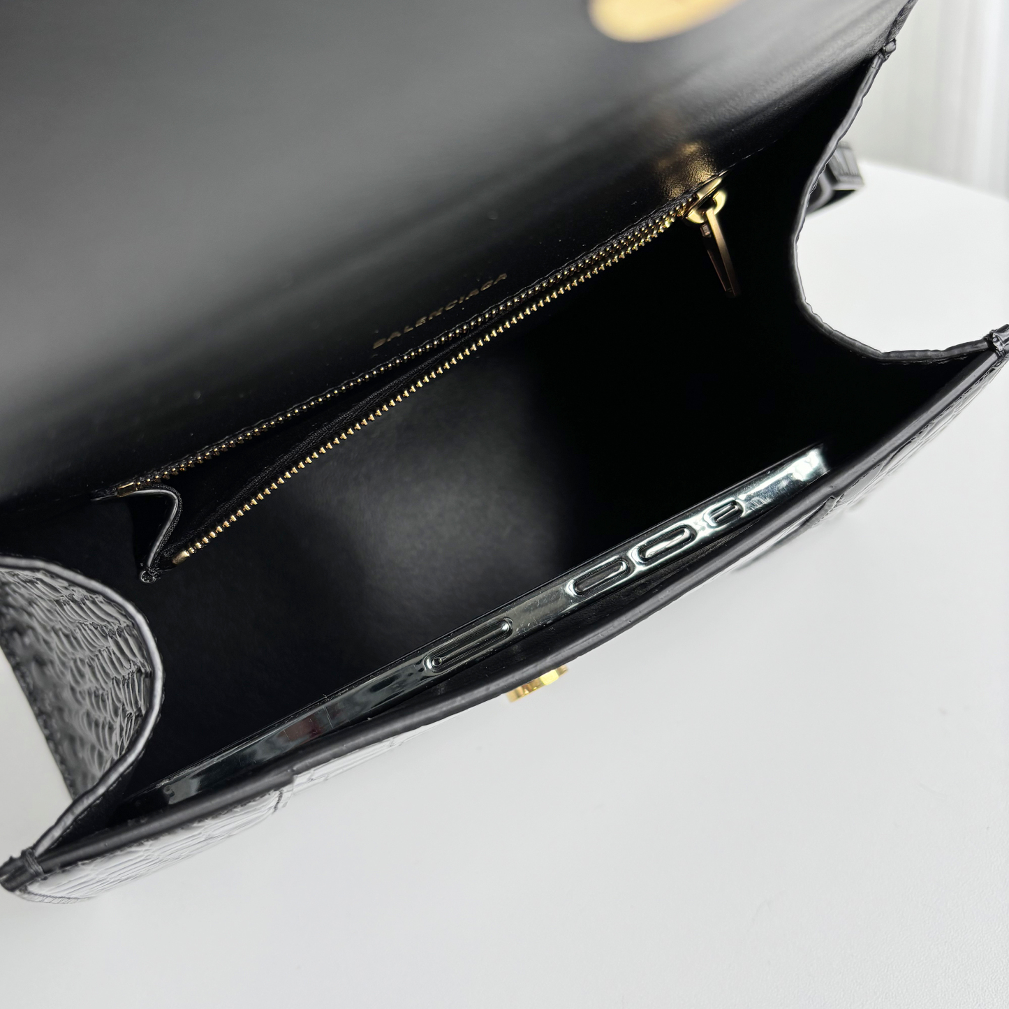BALENCIAGA Black Croc-Embossed Hourglass S Top Handle Bag with Gold Hardware