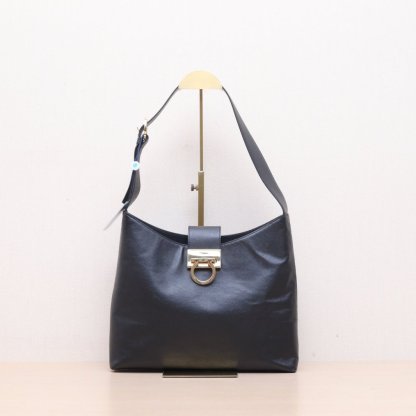 *Salvatore Ferragamo Black Cross-grain Horsehoe Buckle Shoulder Bag-Hana Vintage