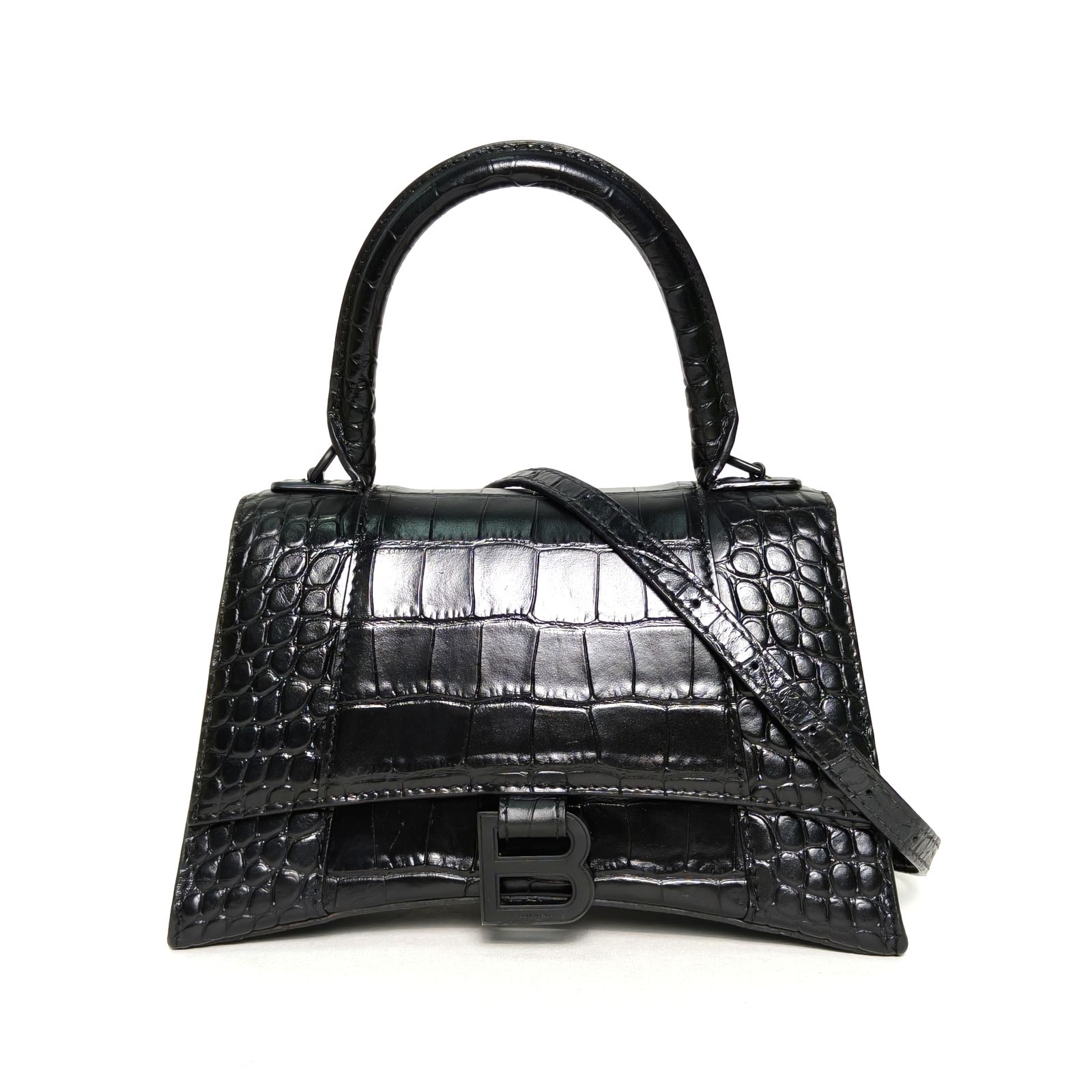 *BALENCIAGA Alligator-embossed Hourglass Handbag, Size S, Black Hardware-Hana Vintage
