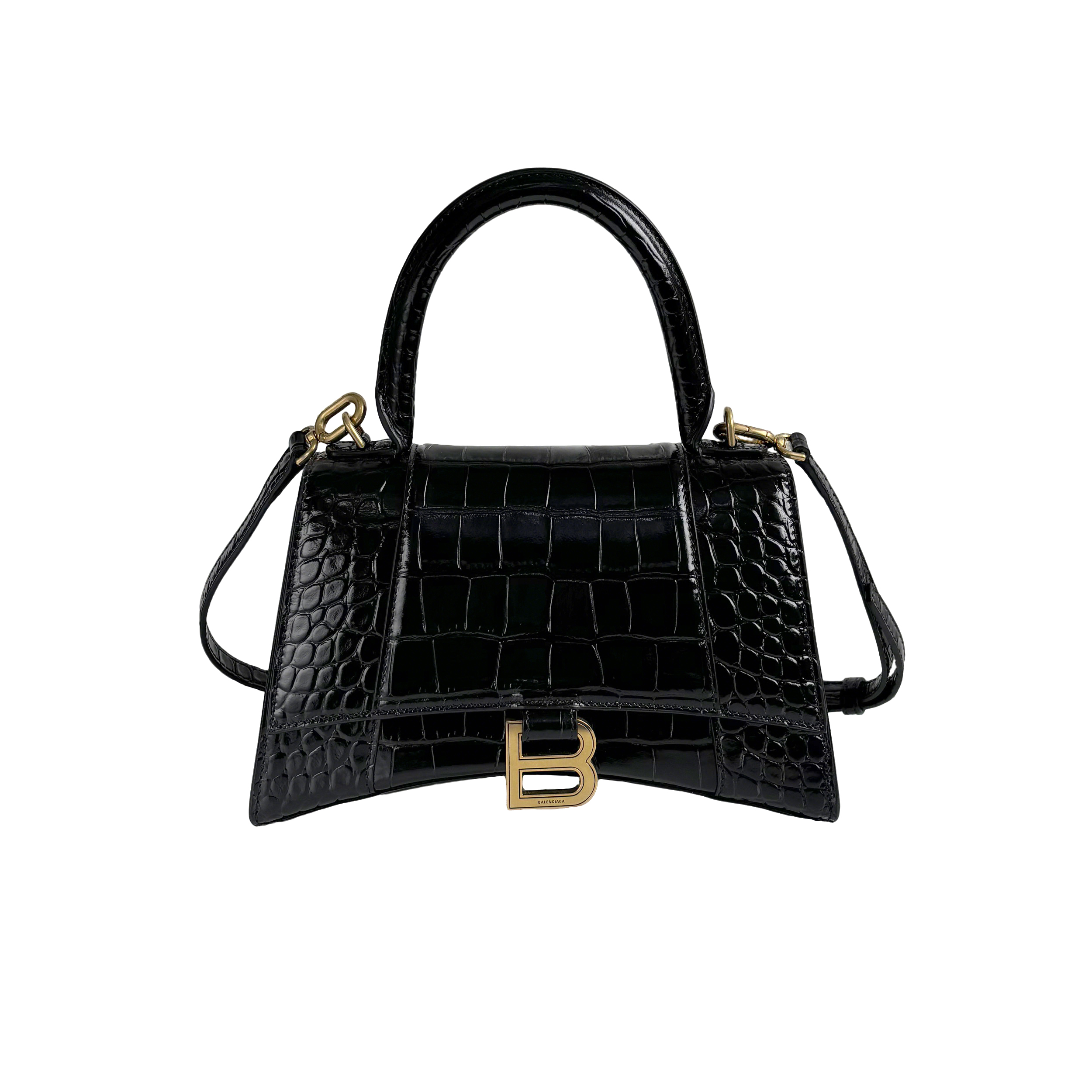 BALENCIAGA Black Croc-Embossed Hourglass S Top Handle Bag with Gold Hardware