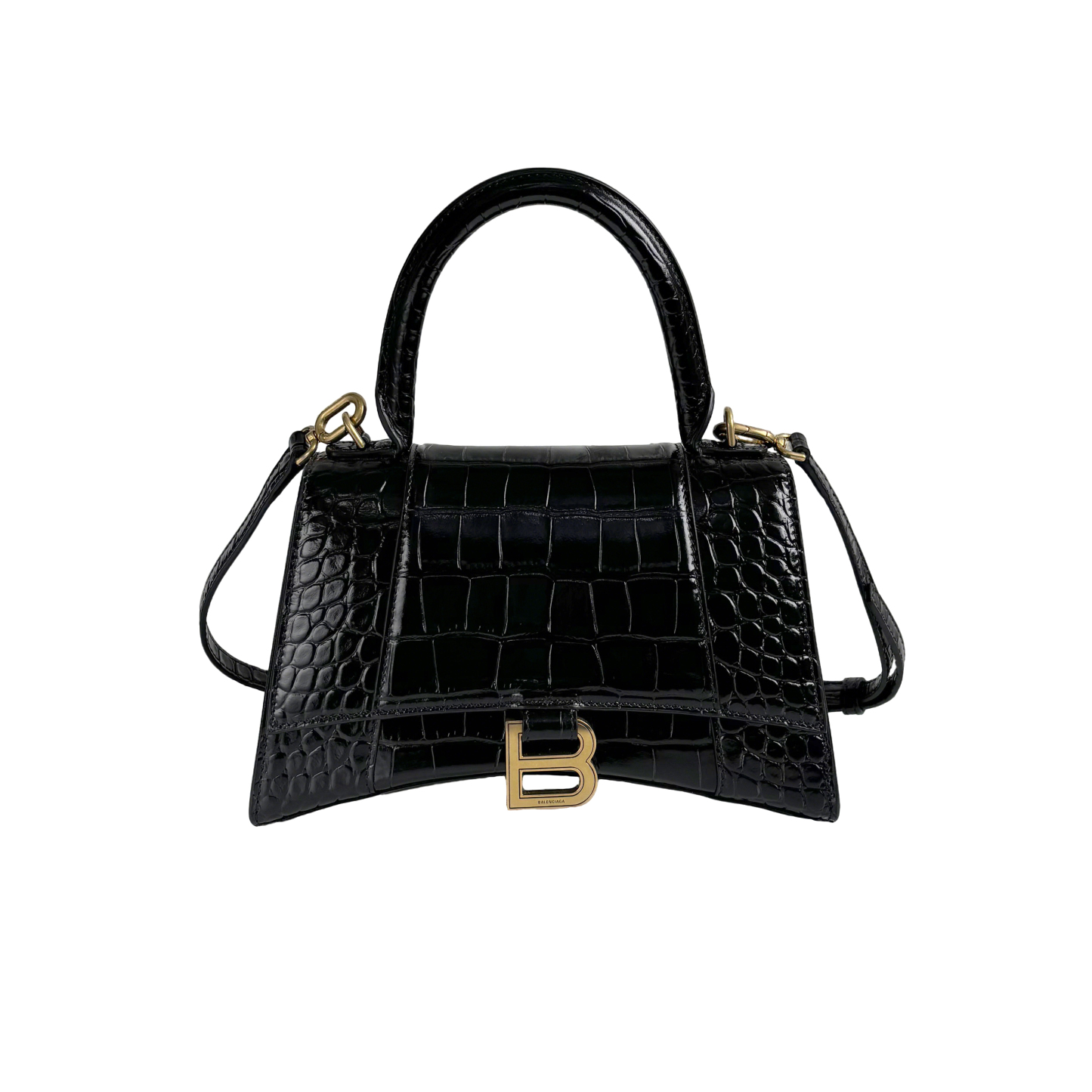 BALENCIAGA Black Croc-Embossed Hourglass S Top Handle Bag with Gold Hardware