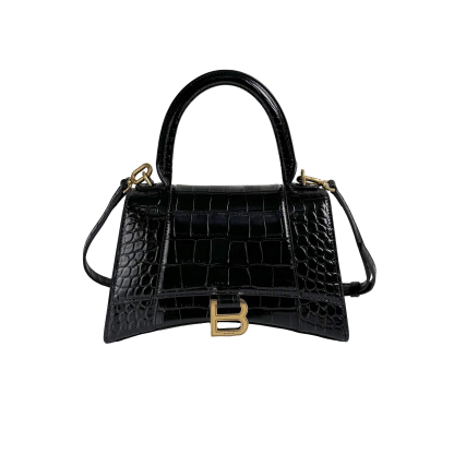 BALENCIAGA Black Croc-Embossed Hourglass S Top Handle Bag with Gold Hardware
