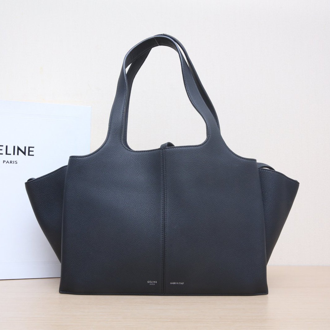 CELINE Black Leather C Trifold Bat Handbag, Large Size