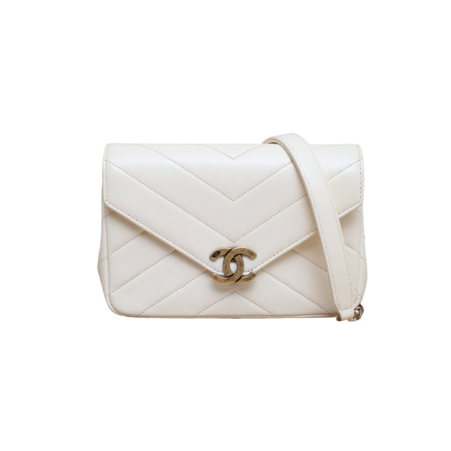 *CHANEL White 2017 Gold Hardware CF Seasonal Clutch Bag Large Mini V-Pattern Two-in-One Envelope Bag-Hana Vintage