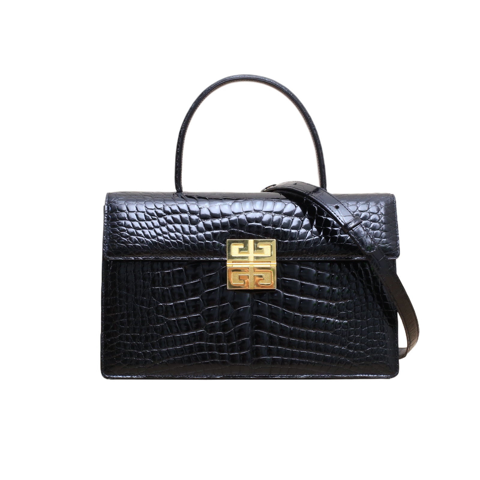 *GIVENCHY Black Crocodile Leather Gold Hardware Handle Vintage Kelly Crocodile Shoulder Bag-Hana Vintage