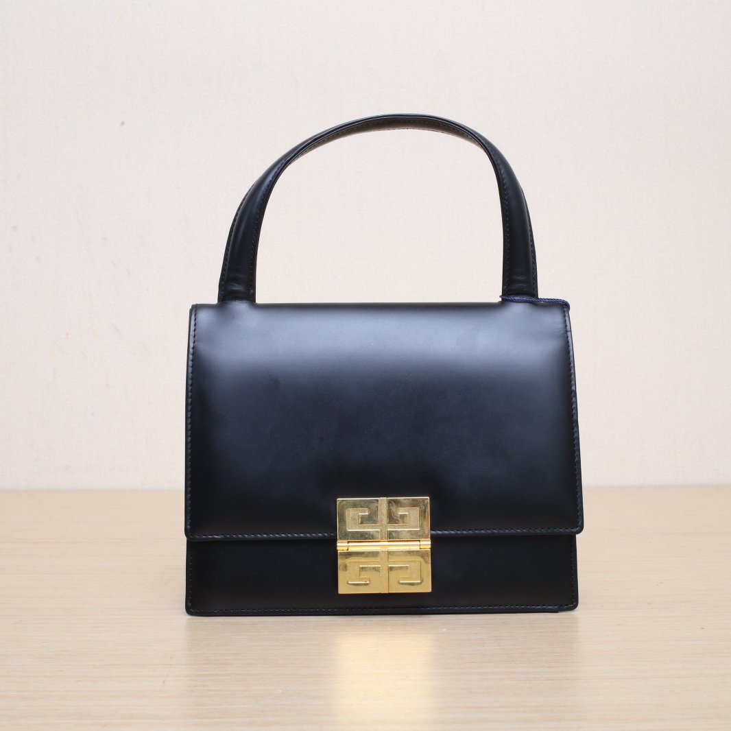 *GIVENCHY Black Leather C Gold Hardware Four-compartment Kelly Shoulder Tote Bag-Hana Vintage