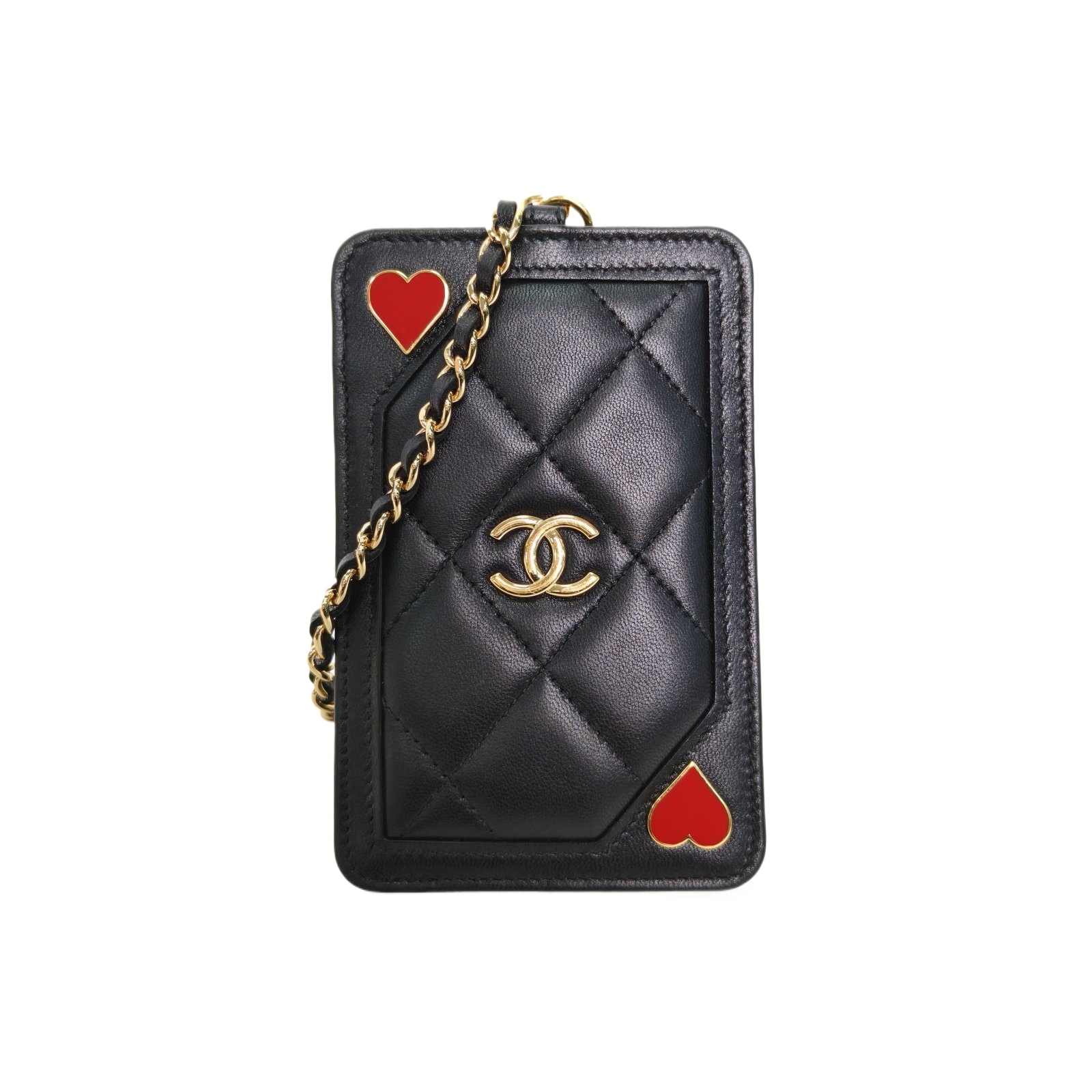 *CHANEL Black Laser Label Gold Hardware coco casino Heart Card Holder with Chain-Hana Vintage