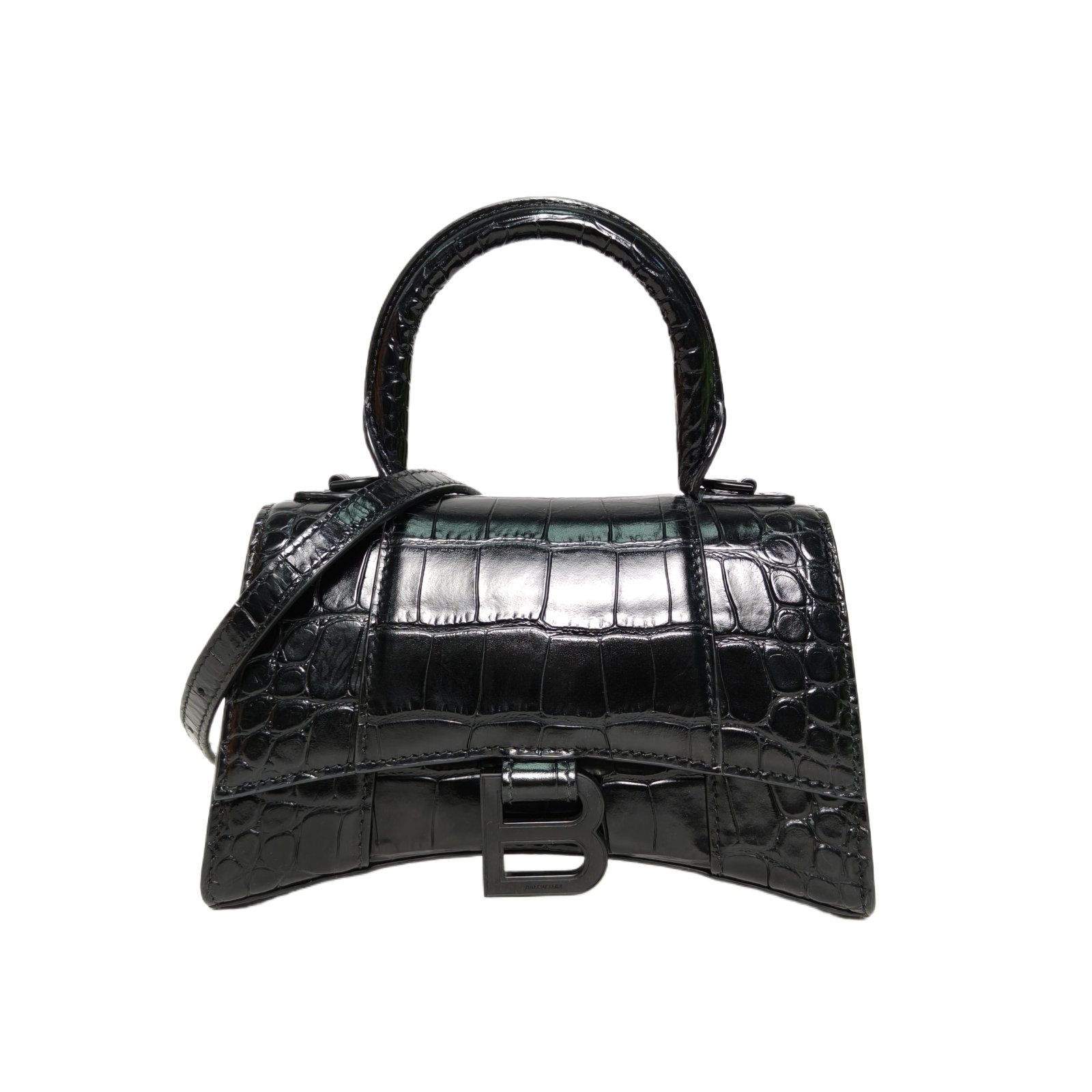 *BALENCIAGA Crocodile Embossed Hourglass Handbag XS size Black Hardware-Hana Vintage