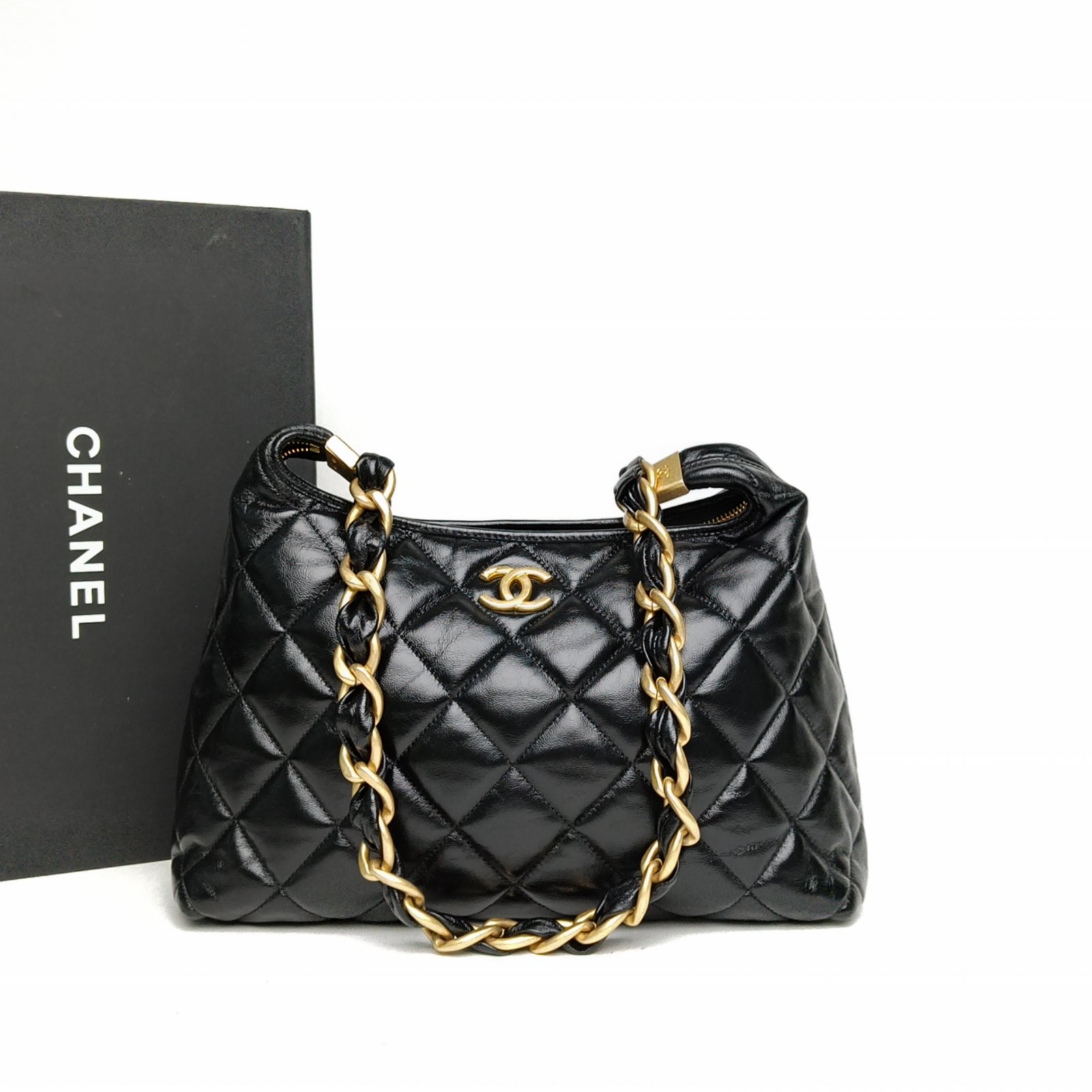 CHANEL Black Chip Gold Hardware 24A hobo Large 30cm-Hana Vintage