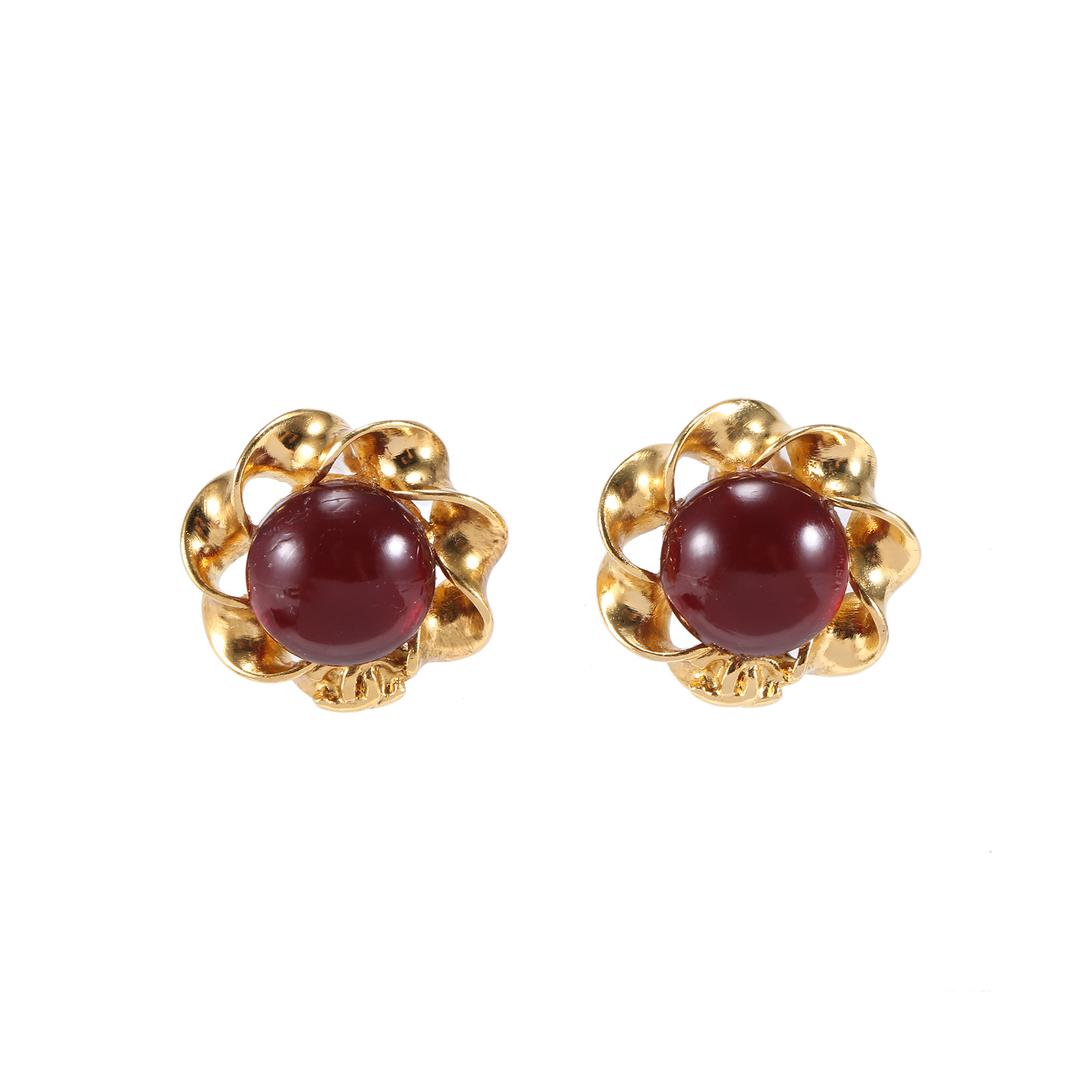 CHANEL Vintage Art Glass flower gold edge clip-on earrings Alloy-Hana Vintage