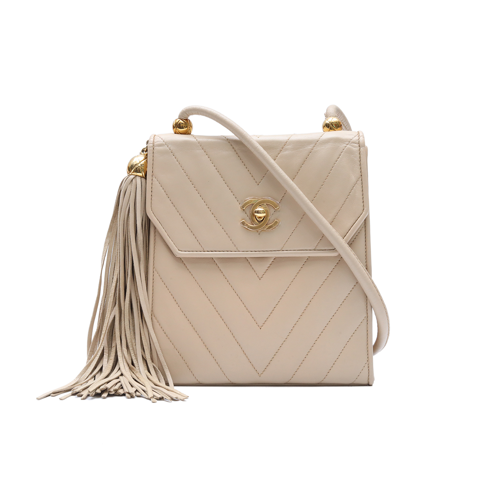 *CHANEL Vintage Beige and Gold Sheepskin Fringe and Gold Ball Crossbody Bag, Off-white, 1991, Beige, , 1991, Gold Hardware-Hana Vintage
