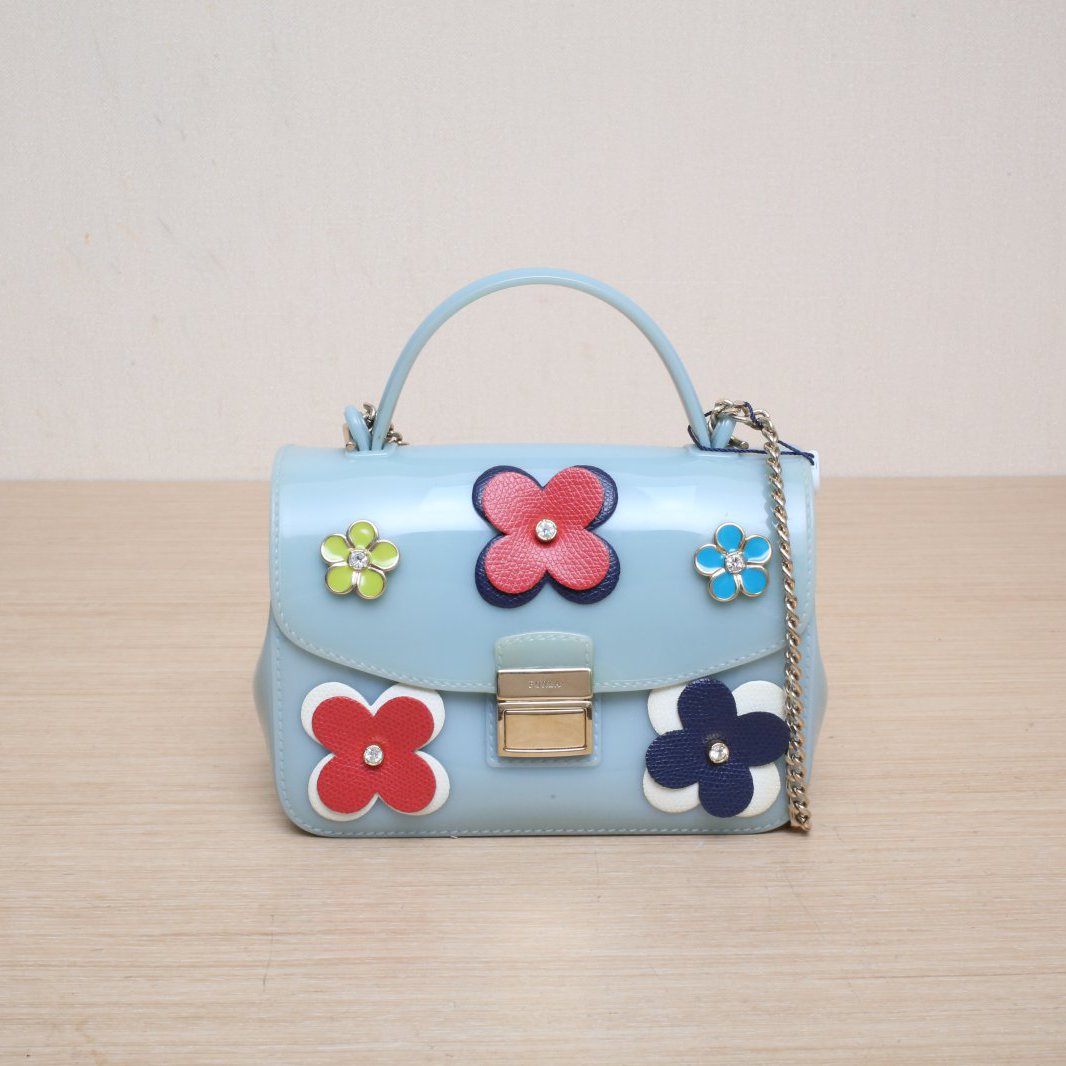 *FURLA Blue Rubber Handbag with Light Gold Hardware-Hana Vintage