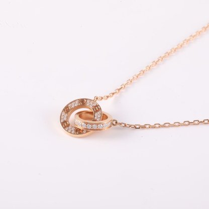CARTIER LOVE Double Loop Full Diamond Necklace Disc Ring Combination 18K Rose Gold,Diamond-Hana Vintage