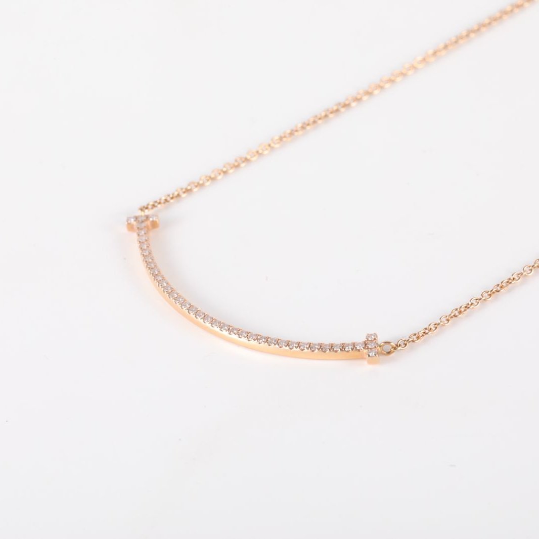 *TIFFANY&CO Tiffany T Smile Necklace Small Size Full Diamonds 18K Rose Gold,Diamond