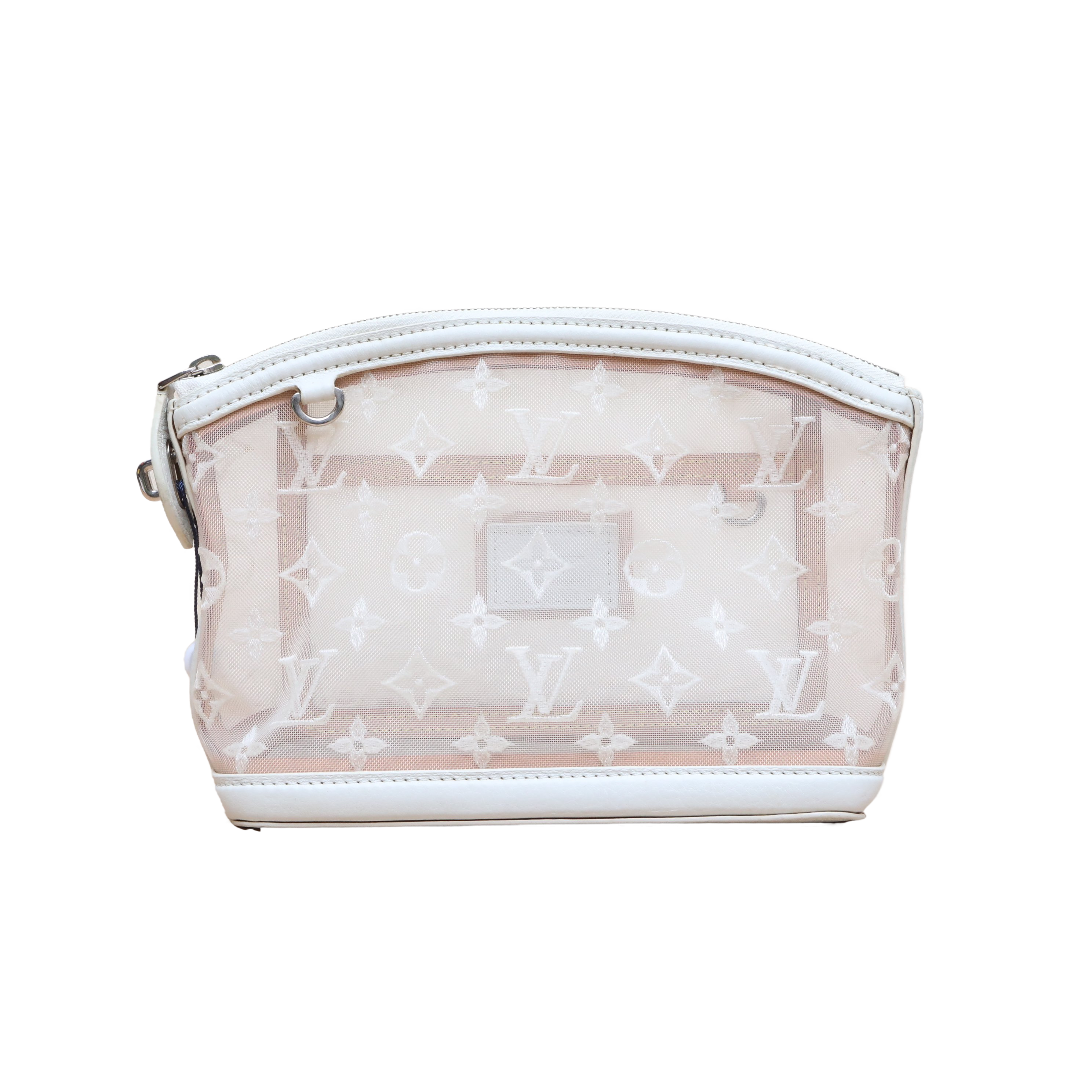 *LOUIS VUITTON White Mesh Vintage Transparent Tulle Lace Lockit Toiletry Bag-Hana Vintage
