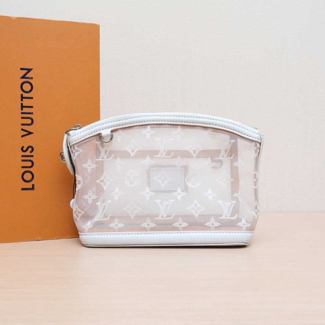 *LOUIS VUITTON White Mesh Vintage Transparent Tulle Lace Lockit Toiletry Bag-Hana Vintage