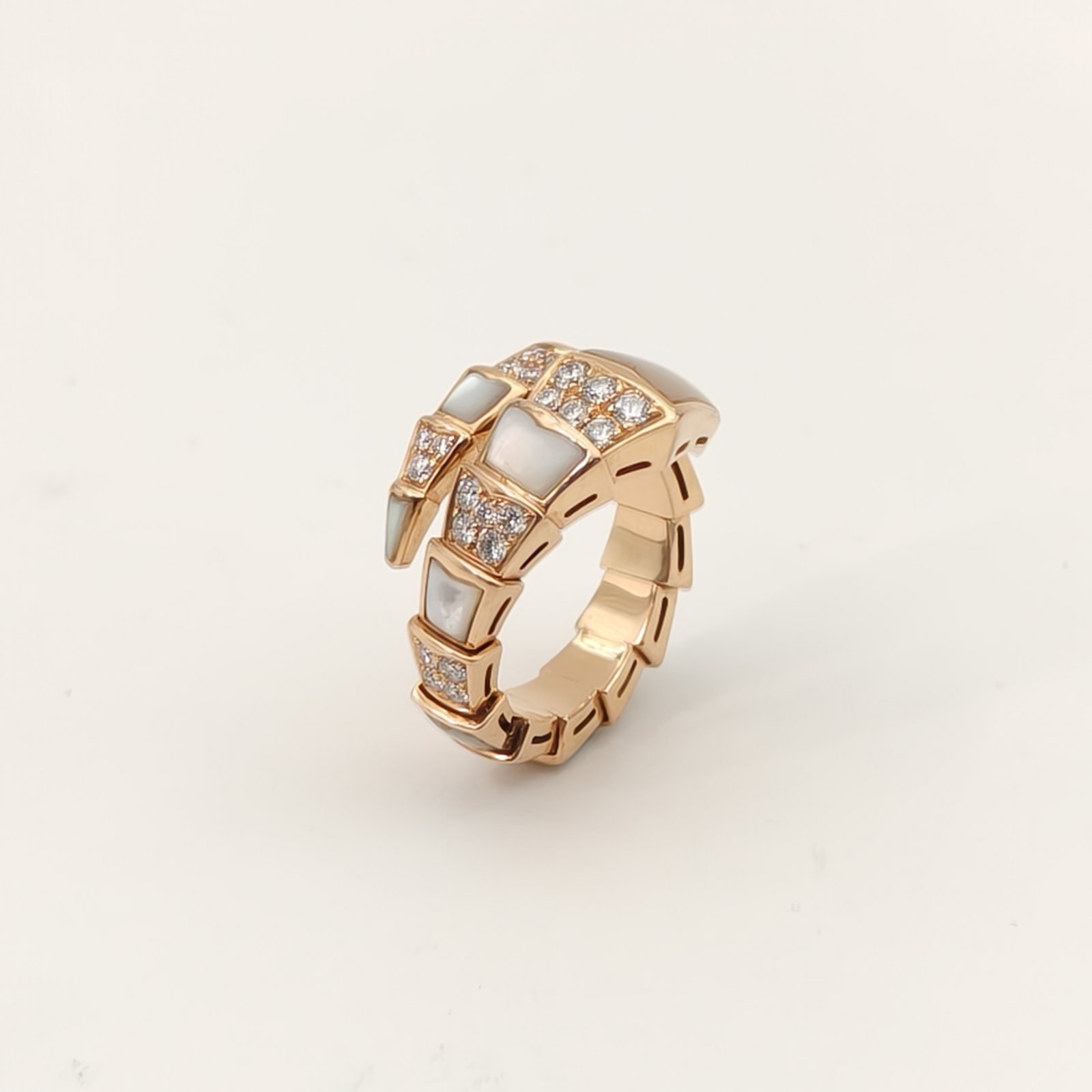 BVLGARI Rose Gold Serpenti Mother of Pearl Diamond Inset Wide Band Snake Ring L 18K 18K Rose Gold,Diamond,Mother of Pearl-Hana Vintage