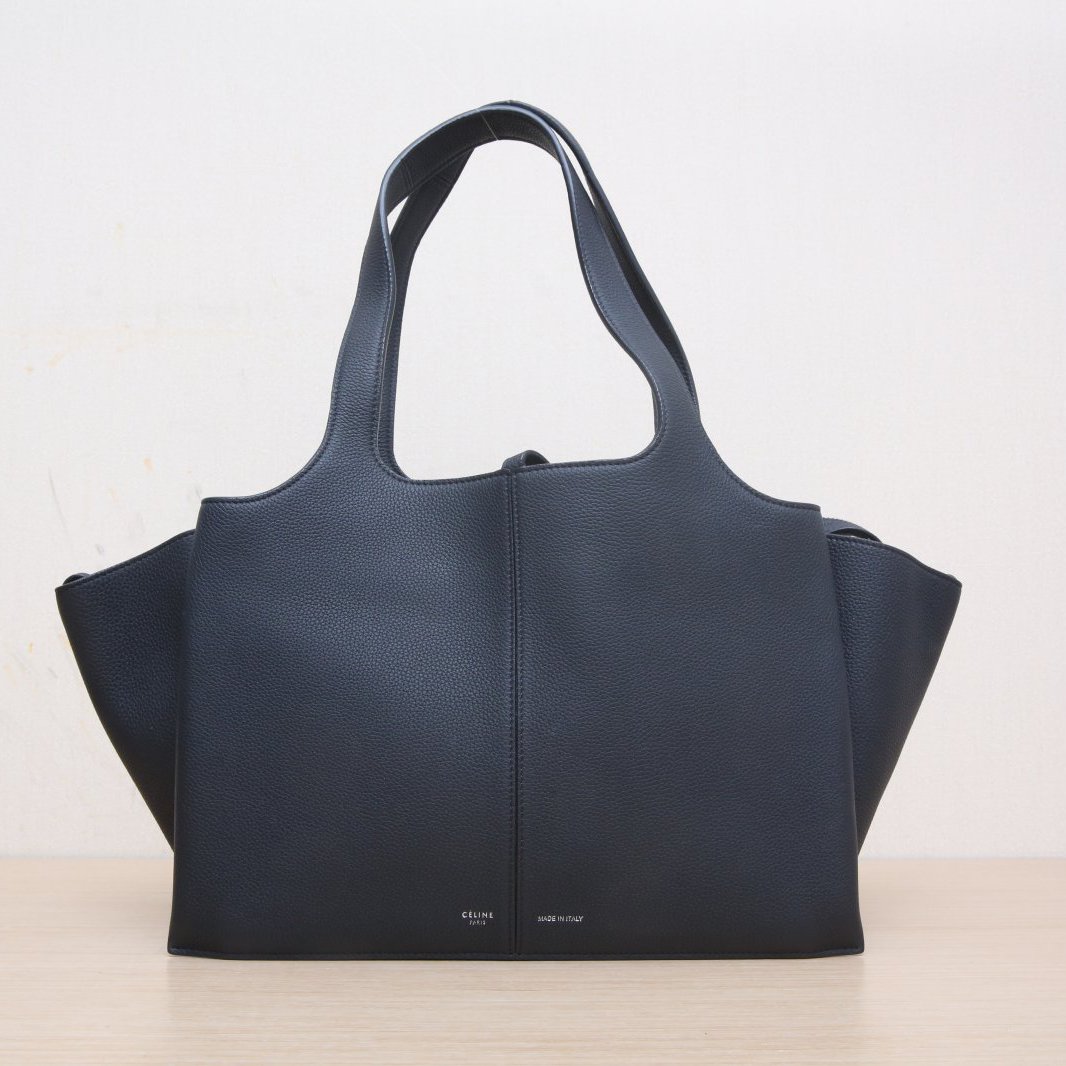 CELINE Black Leather C Trifold Bat Handbag, Large Size