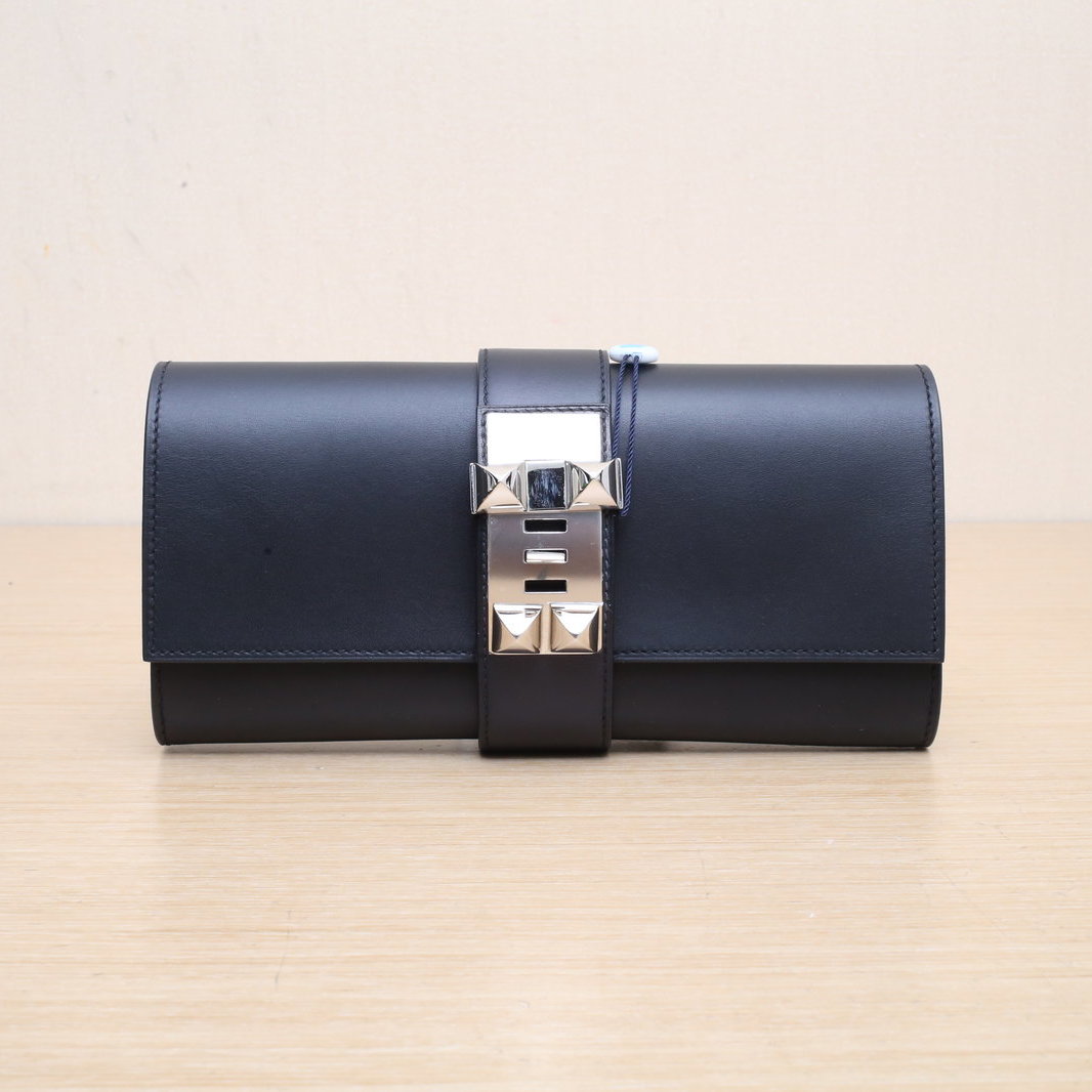 HERMES 89 Black Box Leather Frame O Sliver Hardware CDC Clutch-Hana Vintage