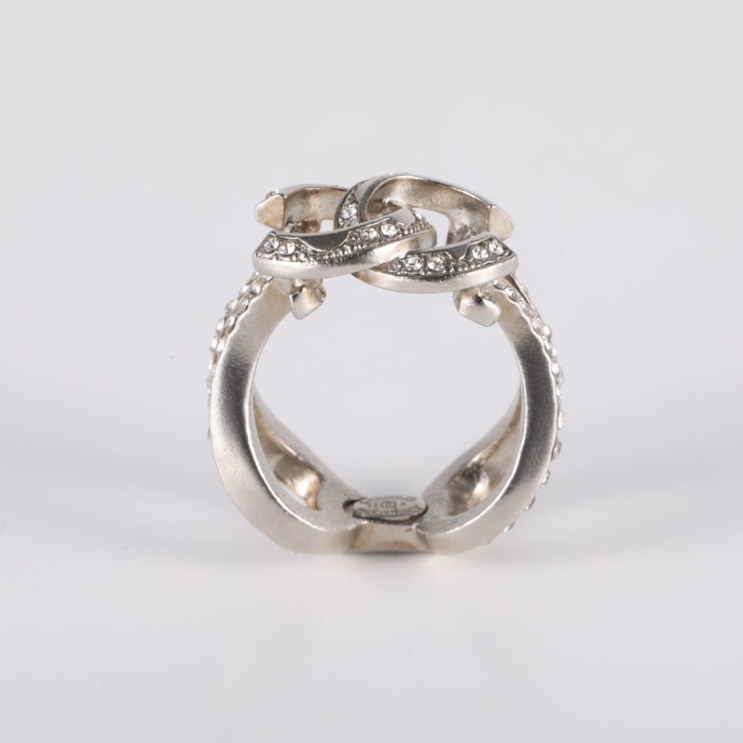 CHANEL 12A Double C Rhinestone Ring 52 Alloy-Hana Vintage