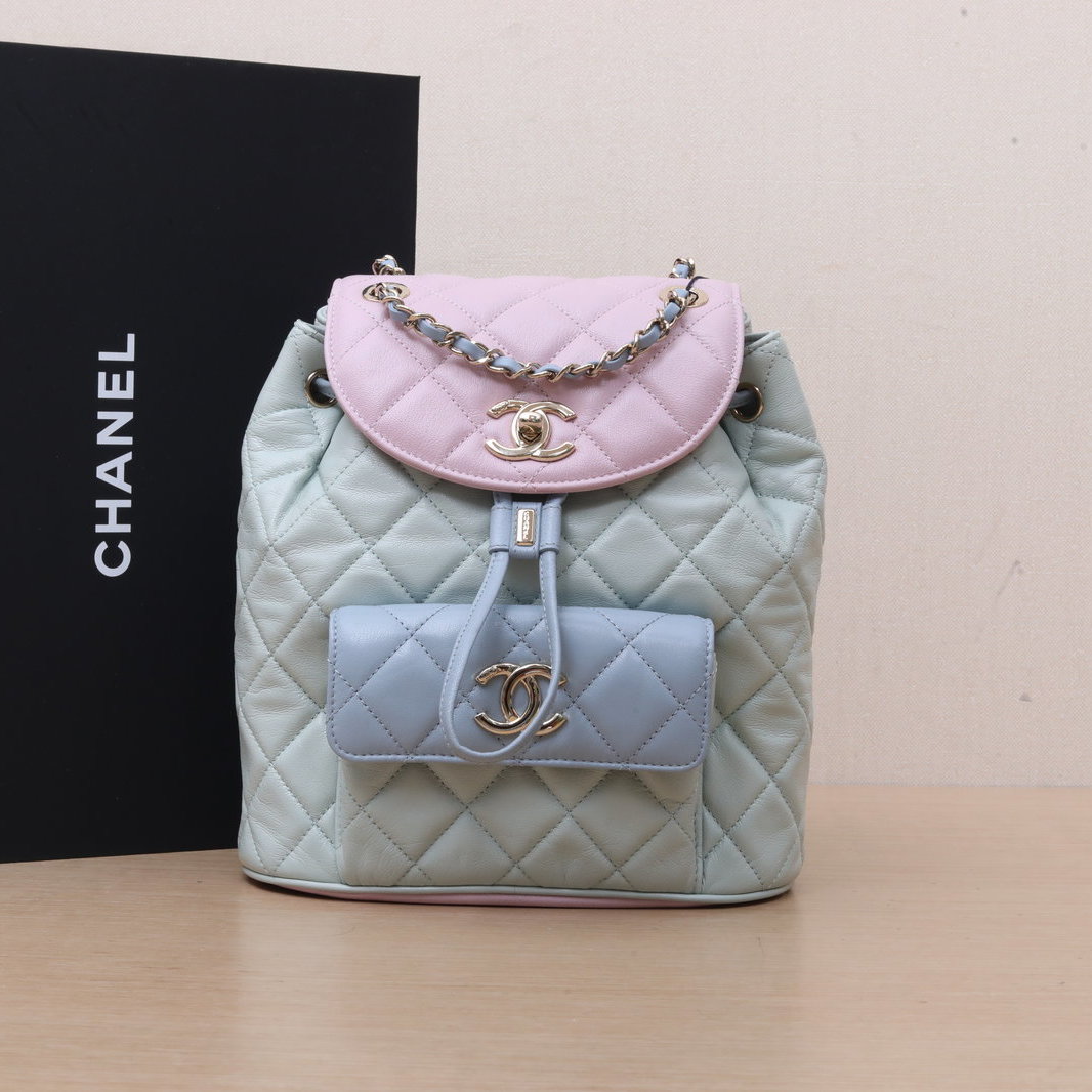 *CHANEL Color-blocked 2020 Gold-tone Hardware Duma Drawstring Flap Backpack with Single Pocket, Medium, 22cm-Hana Vintage