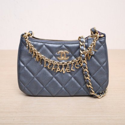 CHANEL Grey Leather S Laser Label Gold Hardware Pearlescent Grey 24P Quilted Pattern Logo Letter Chain Hobo Shoulder Bag