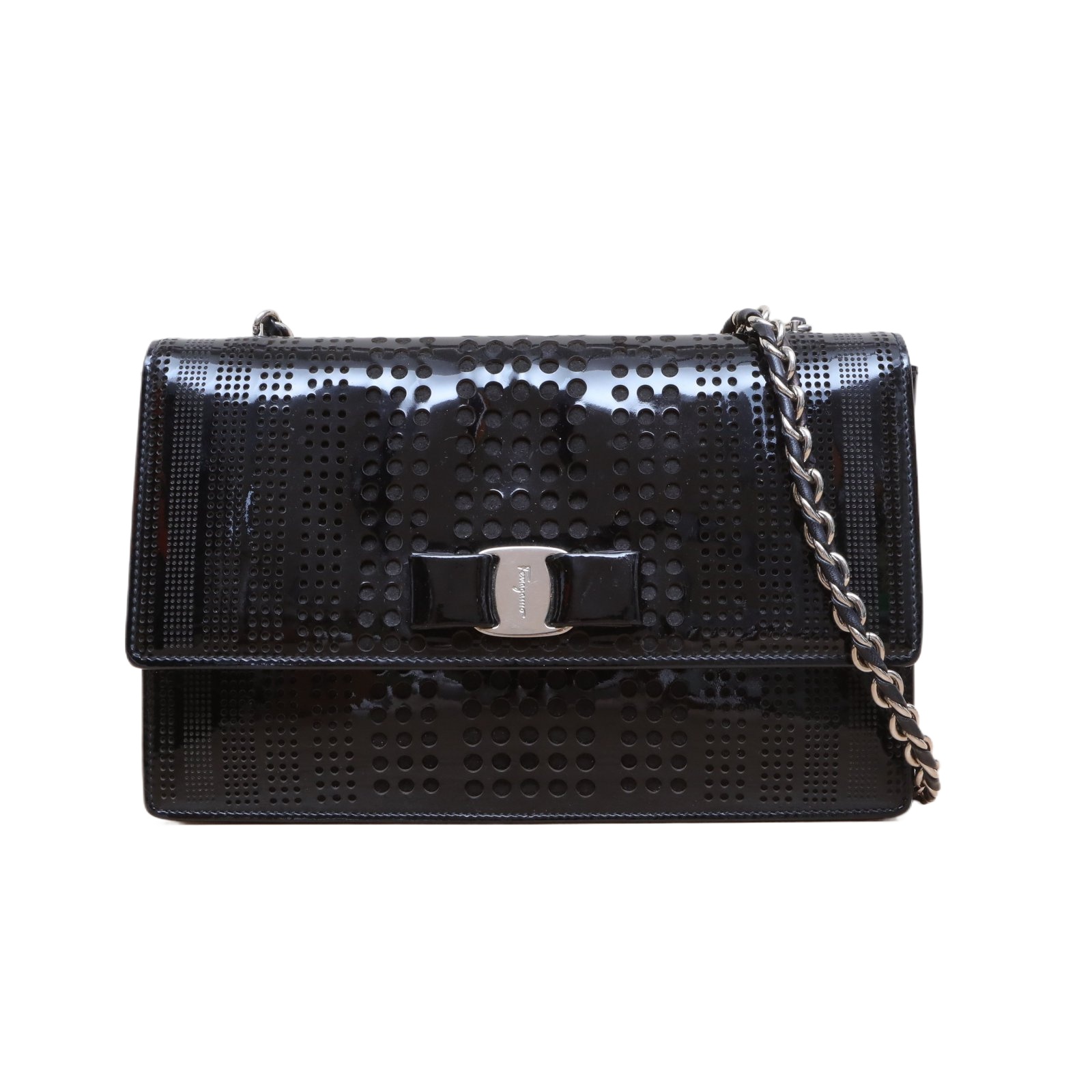 *Salvatore Ferragamo Black Patent liver Hardware Bow Chain Crossbody Bag-Hana Vintage