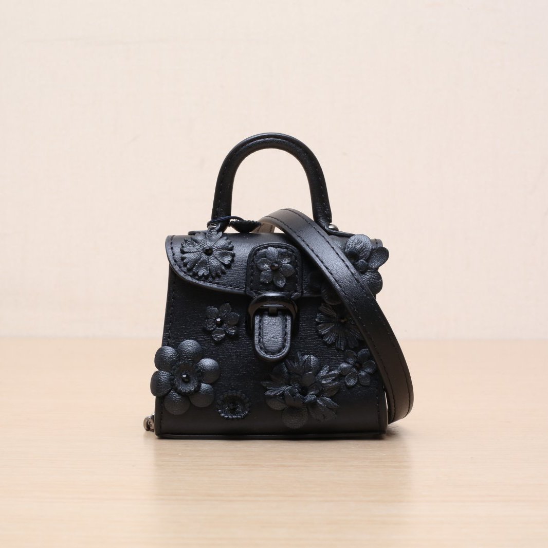 DELVAUX Black Leather C Brillant Ultra Mini Embroidered Flower Studded Charm Crossbody Bag