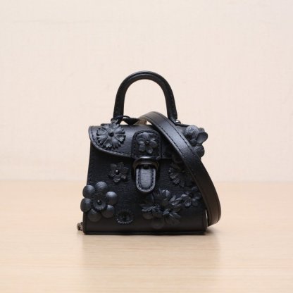 DELVAUX Black Leather C Brillant Ultra Mini Embroidered Flower Studded Charm Crossbody Bag