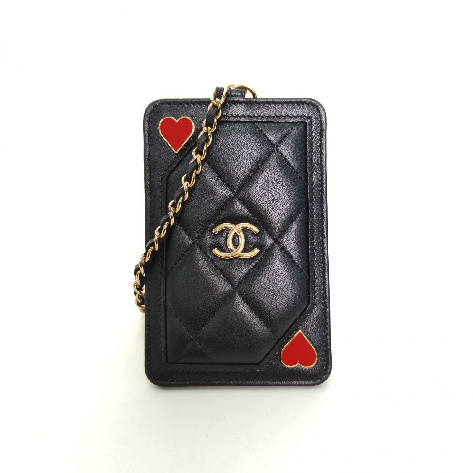 *CHANEL Black Laser Label Gold Hardware coco casino Heart Card Holder with Chain-Hana Vintage