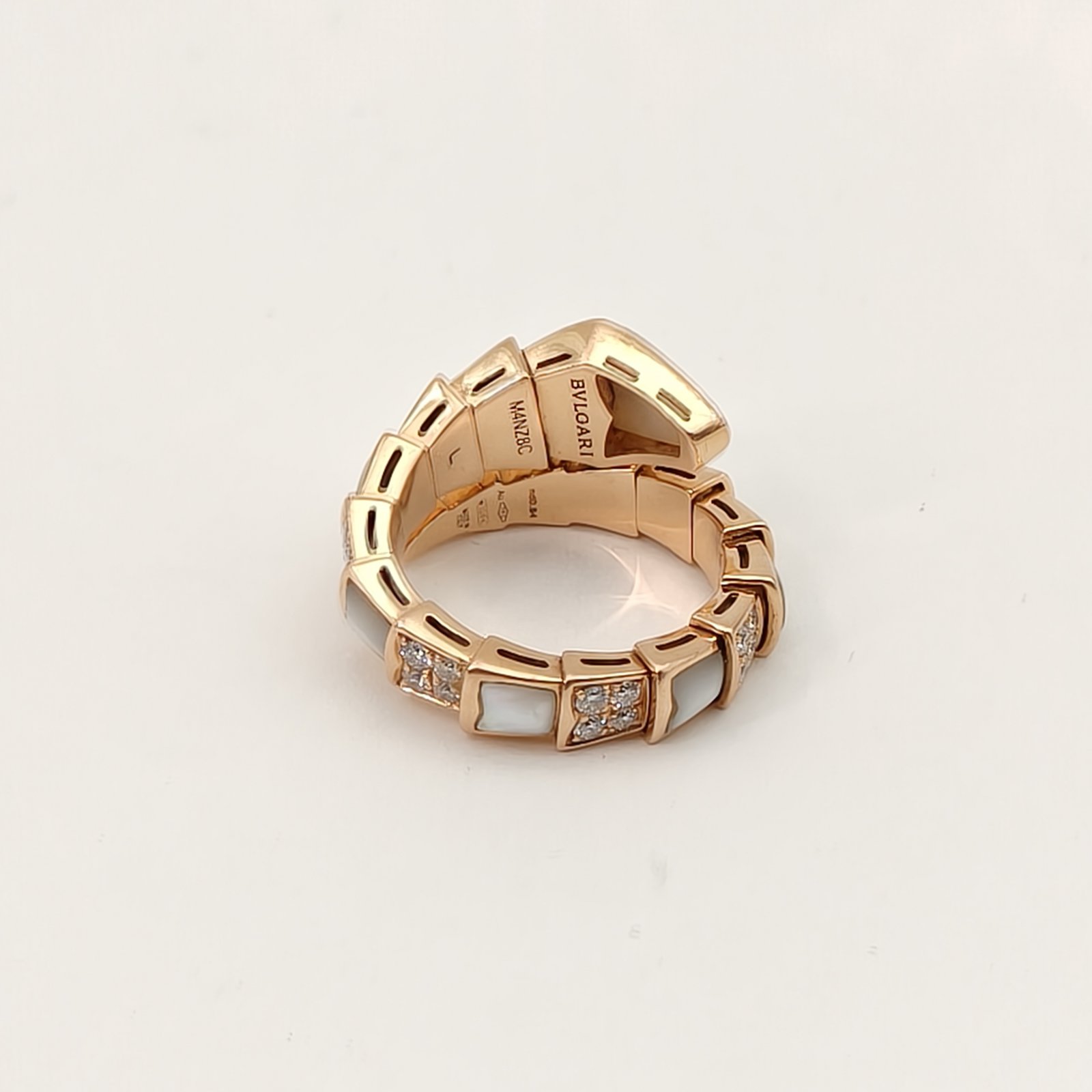 BVLGARI Rose Gold Serpenti Mother of Pearl Diamond Inset Wide Band Snake Ring L 18K 18K Rose Gold,Diamond,Mother of Pearl-Hana Vintage