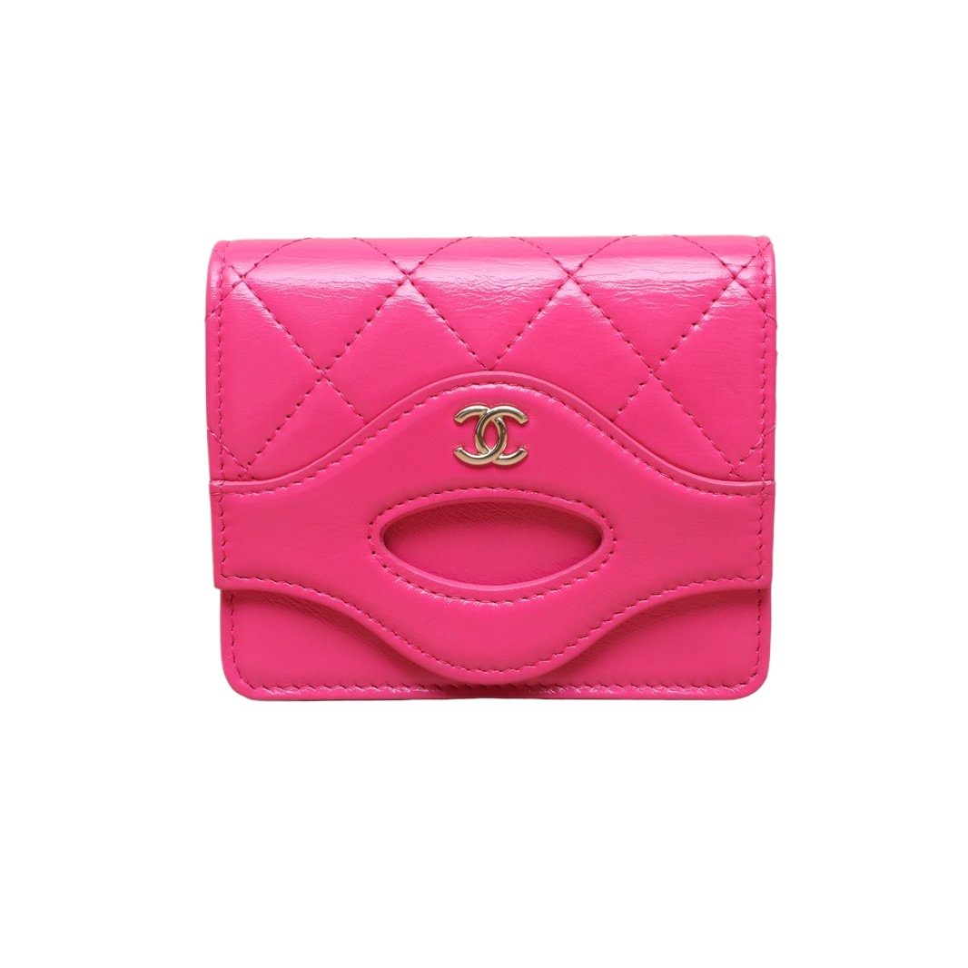 *CHANEL Magenta Laser Label Light Gold Hardware 2021 bag Wallet Card Holder-Hana Vintage