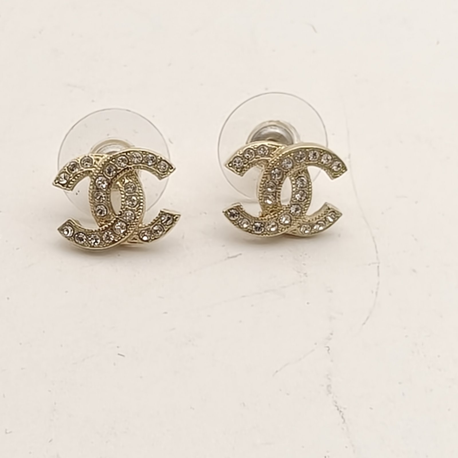 CHANEL Double C logo Rhinestone Earrings mini Alloy