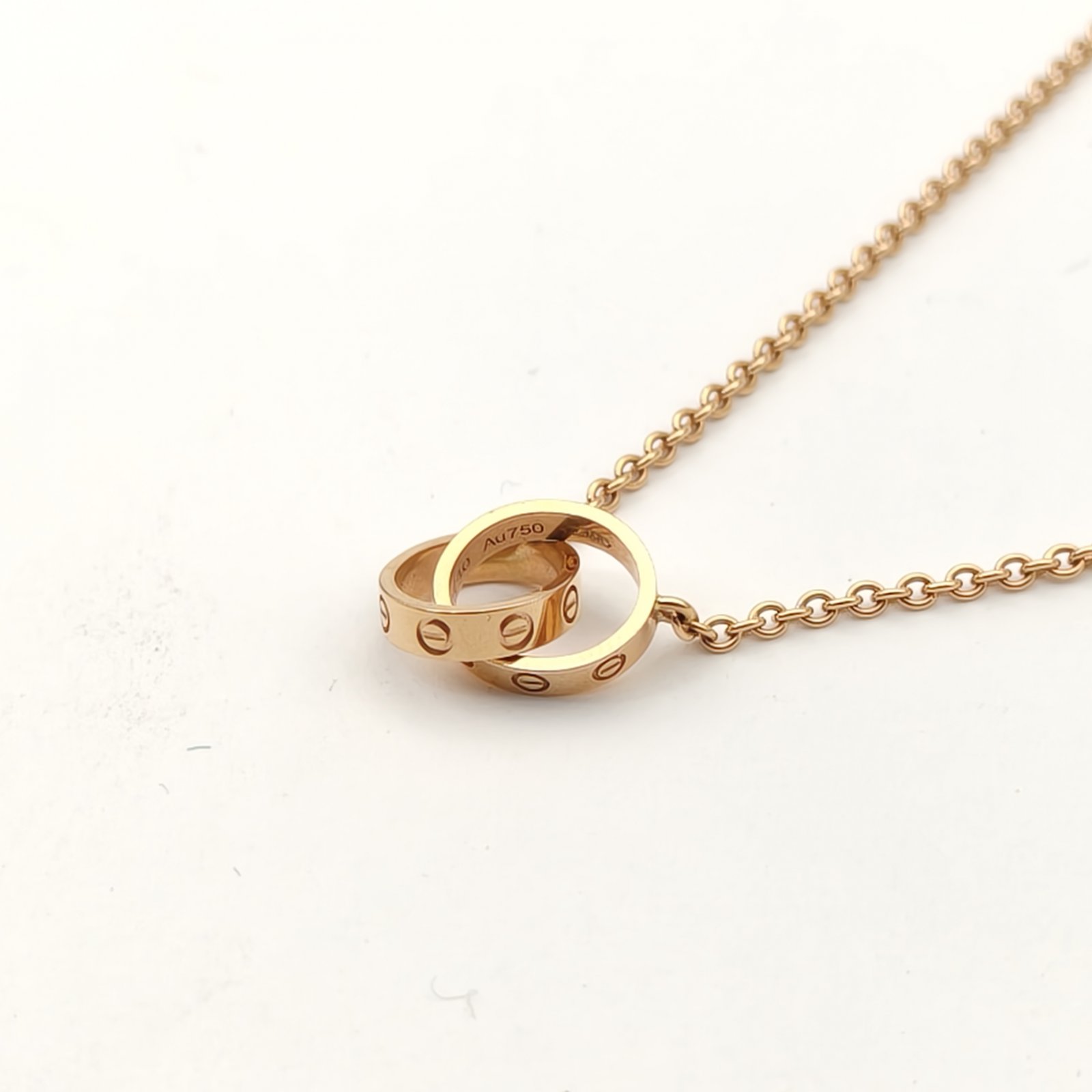 CARTIER LOVE 18K Gold Double Ring Necklace 18K Rose Gold-Hana Vintage