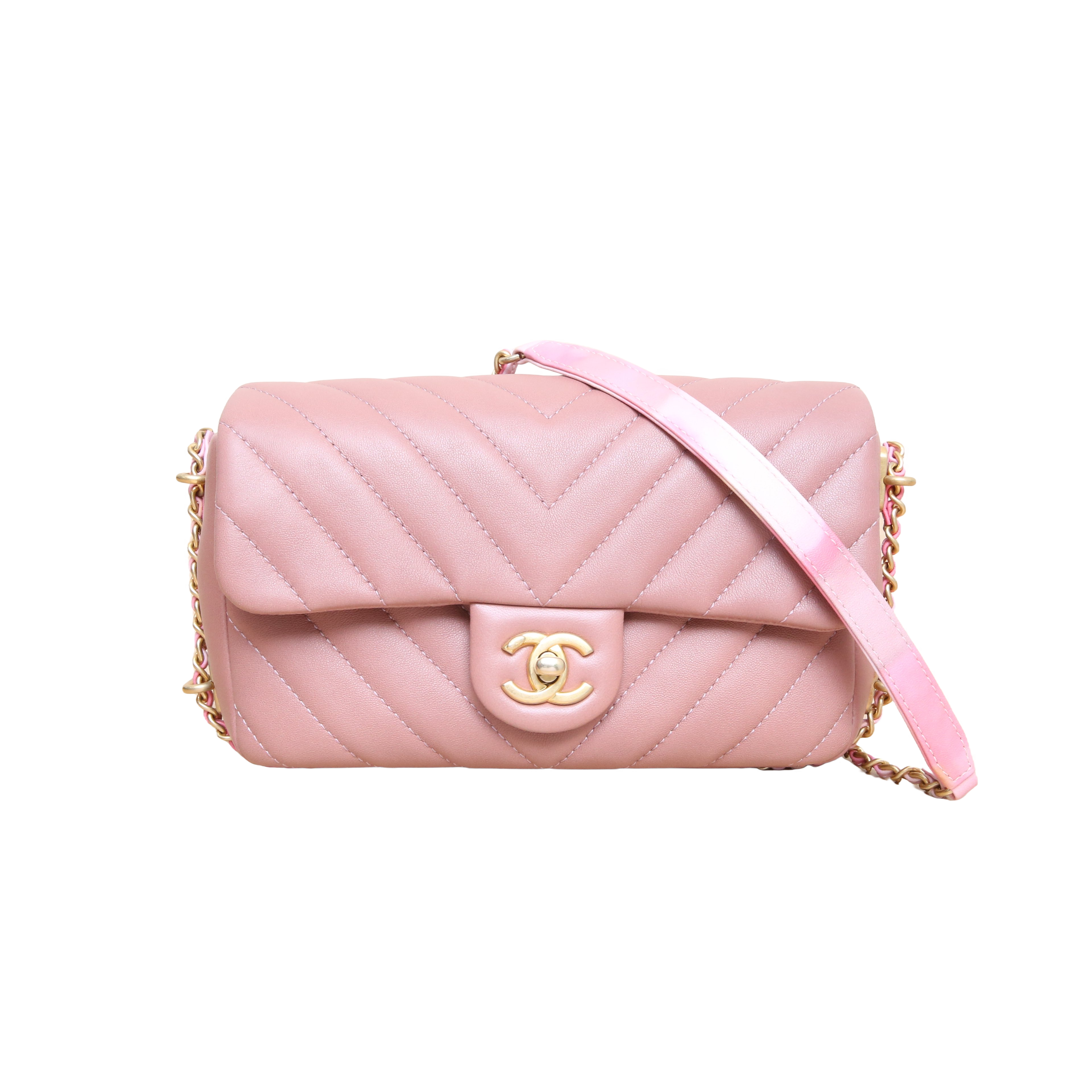 *CHANEL Beige Pink 2018 Gold Hardware CF Flap Bag Large Mini Piped Chain Tie-dyed Leather Threaded Chain-Hana Vintage