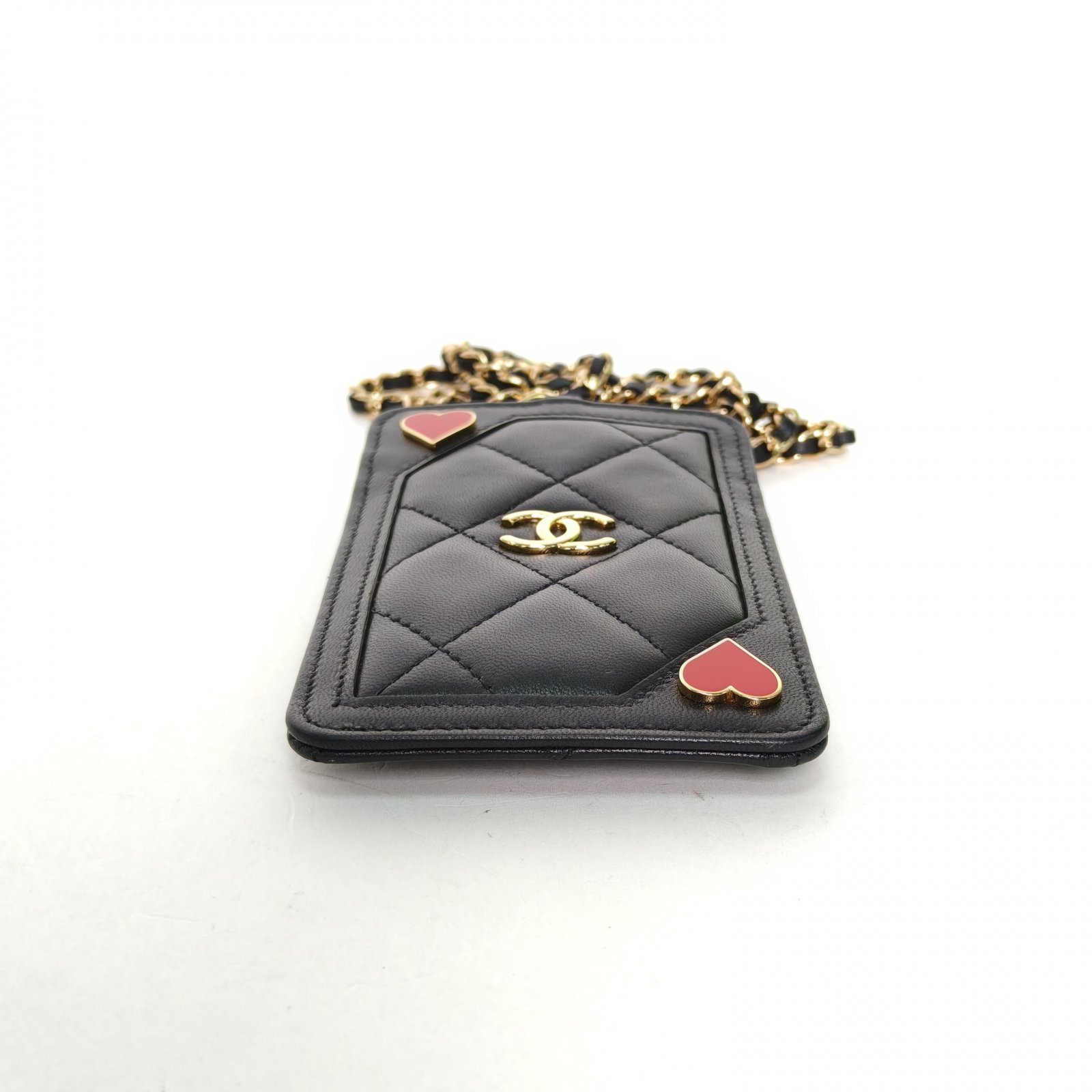 *CHANEL Black Laser Label Gold Hardware coco casino Heart Card Holder with Chain-Hana Vintage