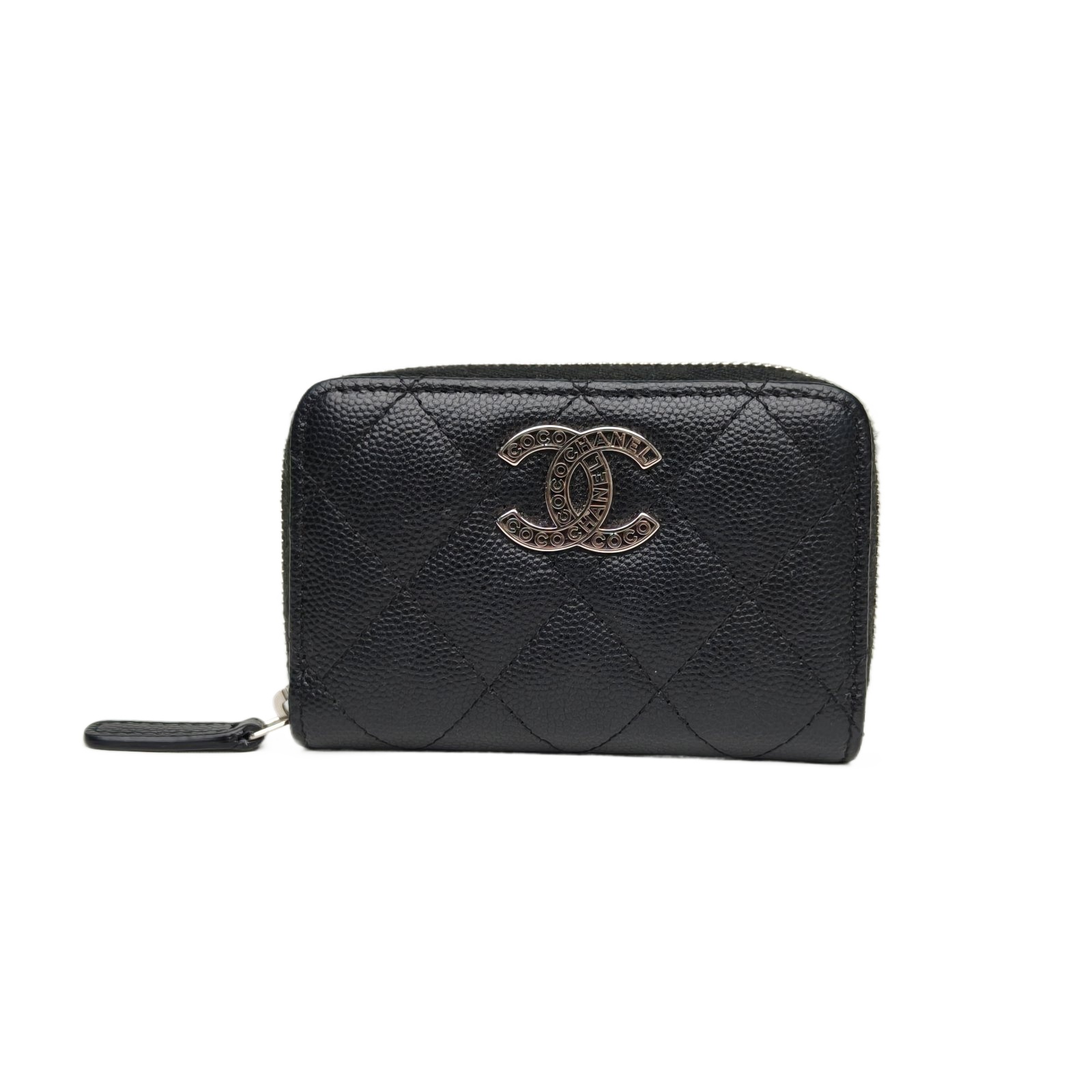 *CHANEL Black Laser Label Sliver Hardware 24P Zipper Card Holder-Hana Vintage